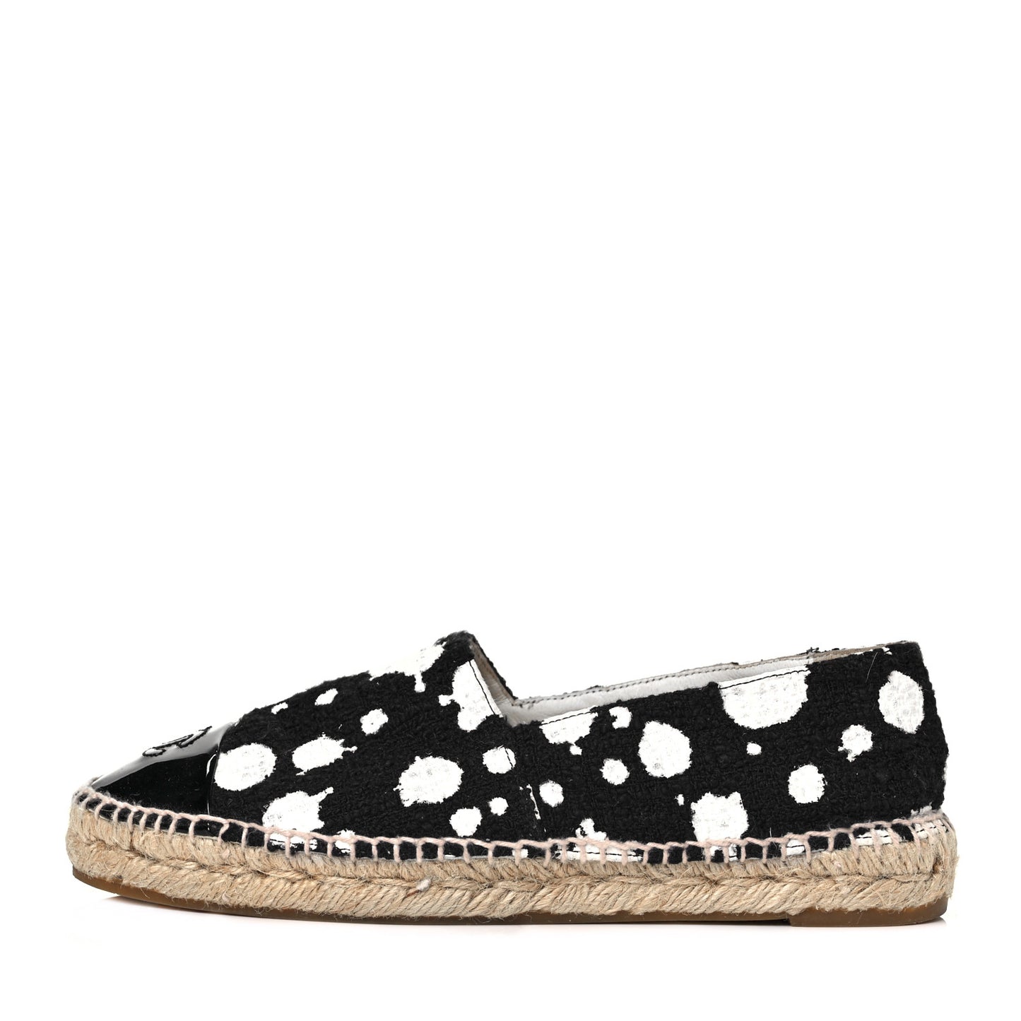 Patent Tweed Splatter Paint Print Cap Toe CC Espadrilles 38 Black White