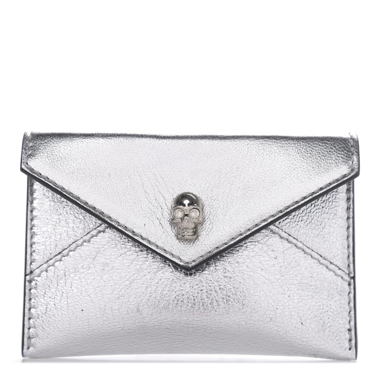 Metallic Calfskin Skull Envelope Card Holder Silver