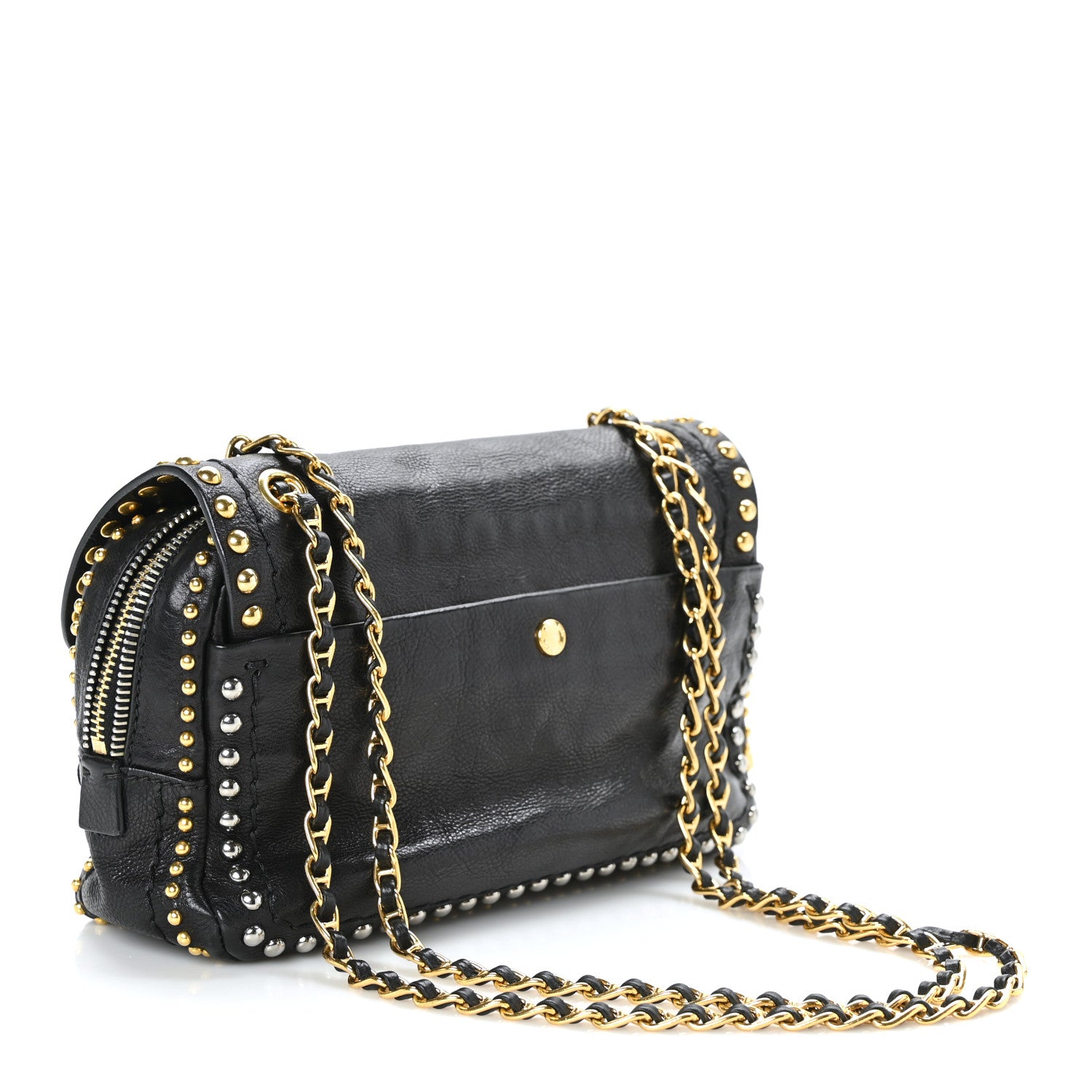 Prada Glace Calf Studded Pushlock Chain Shoulder Bag Black 3 of 8