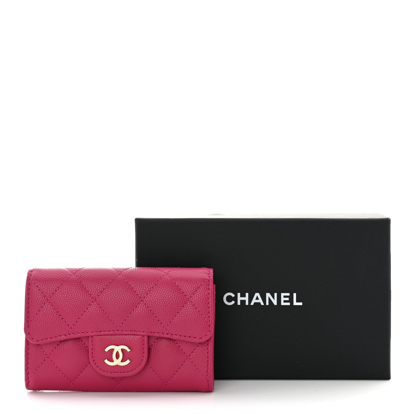 Caviar Quilted Flap Card Holder Wallet Fuchsia