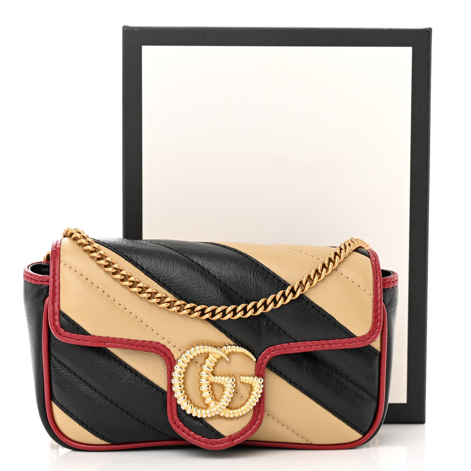 Gucci Vintage Effect Calfskin Matelasse Diagonal Striped Super Mini Torchon GG Marmont Shoulder Bag Black Beige 13 of 13
