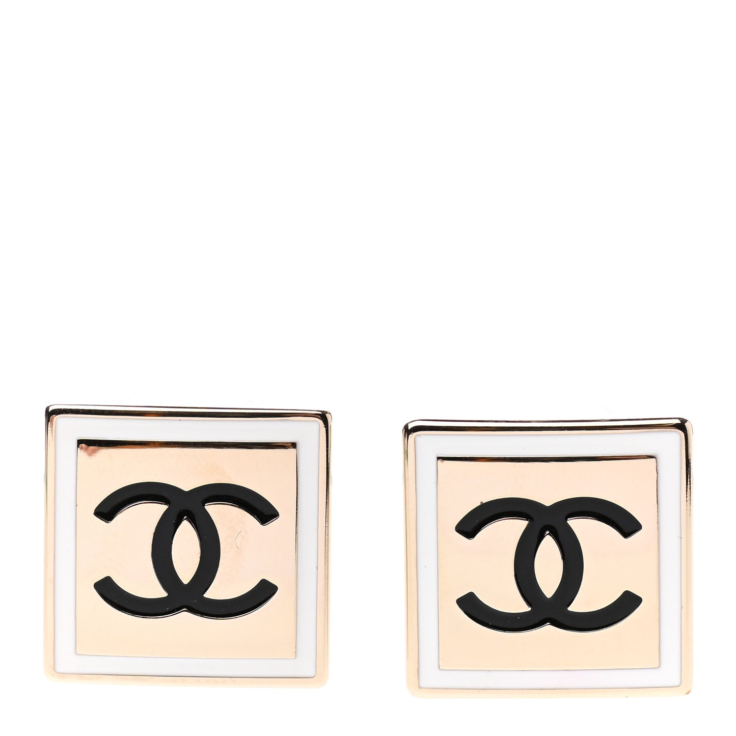 Metal Enamel CC Square Earrings Gold Black White