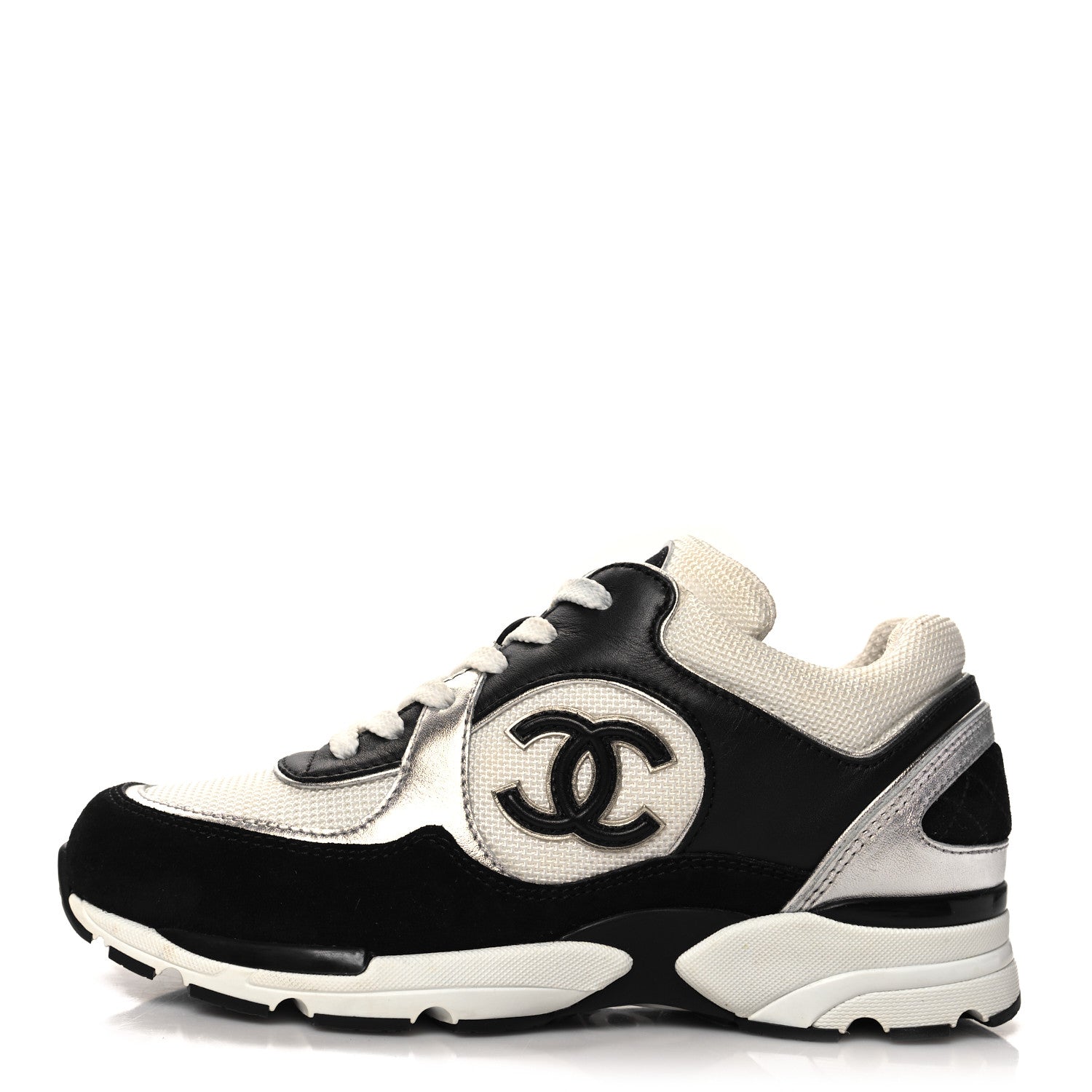 Chanel Mesh Suede Calfskin Grained Calfskin Womens CC Sneakers 35 Black White 1 of 11