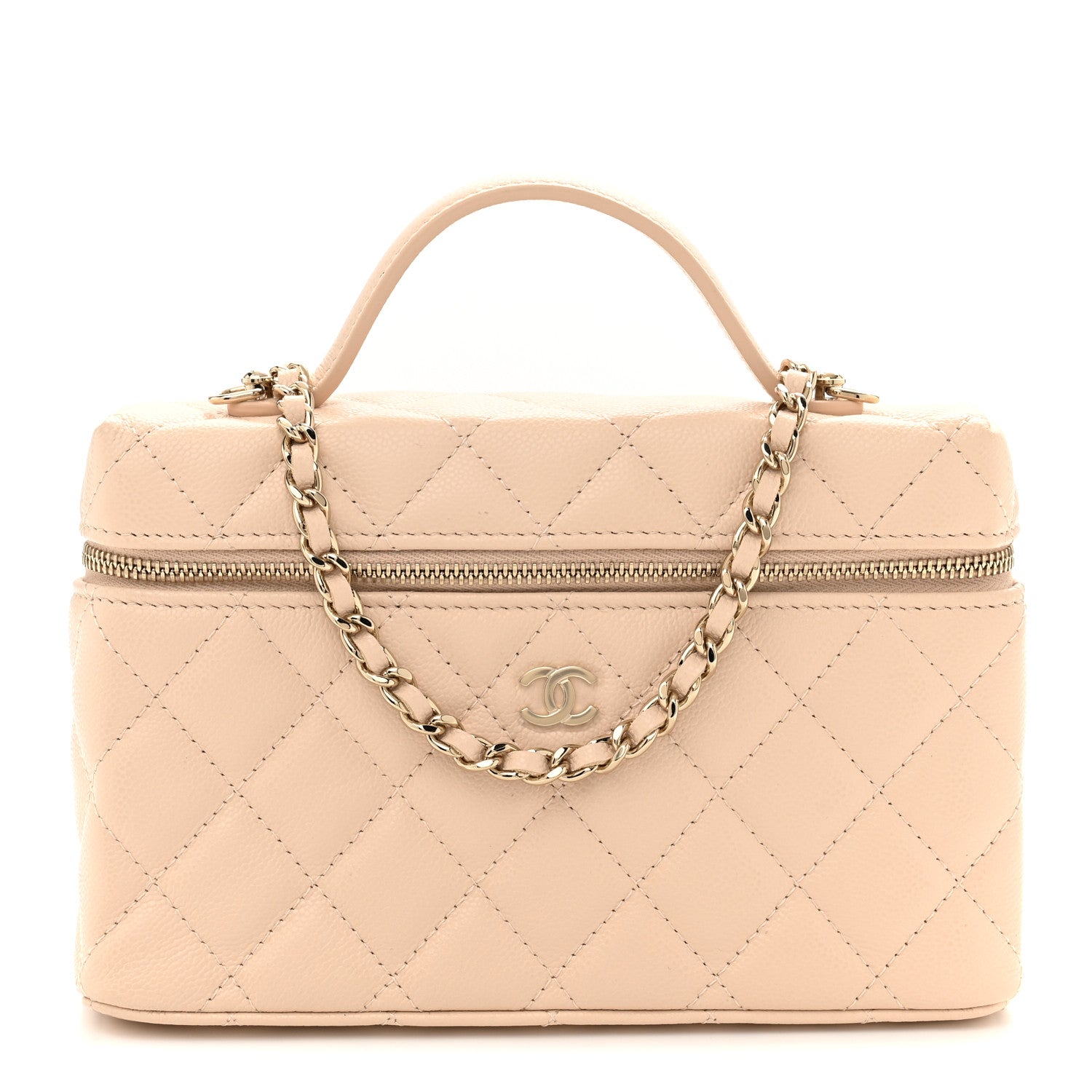 Chanel Caviar Quilted Top Handle Slim Vanity With Chain Beige