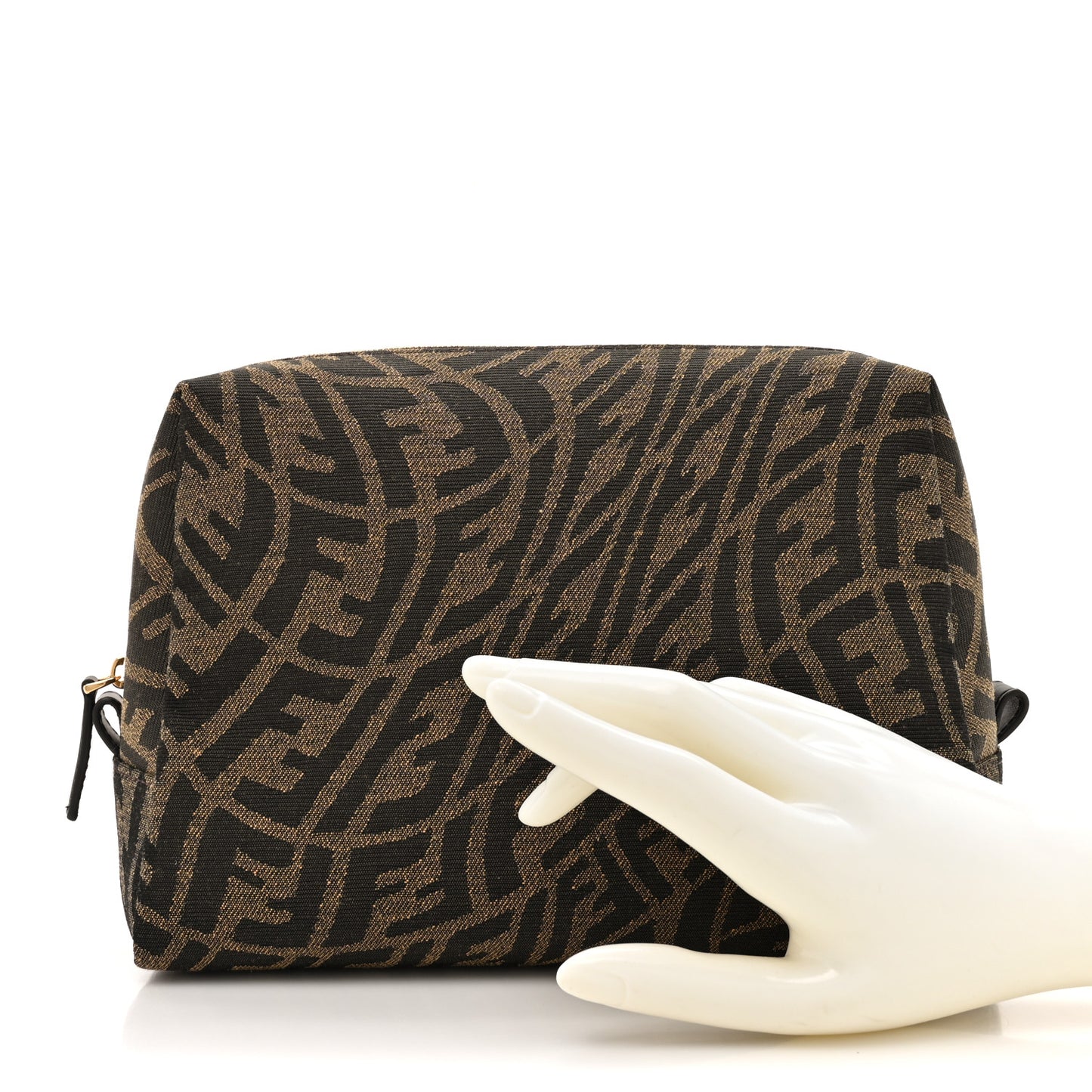 X SARAH COLEMAN Fabric Jacquard Vitello King FF Vertigo Medium Trapezoid Beauty Pouch Tobacco Moro Black