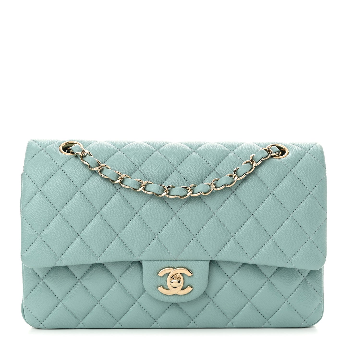 Caviar Quilted Medium Double Flap Light Blue