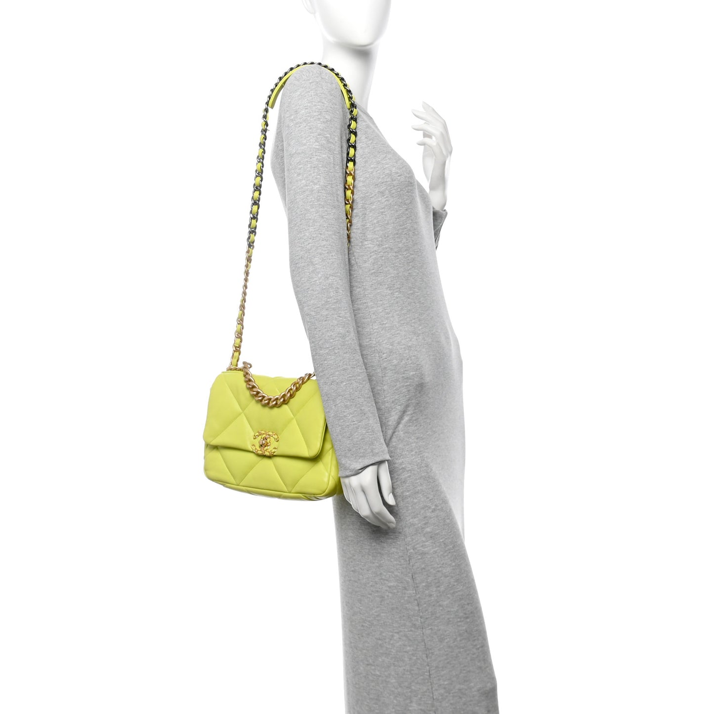 Shiny Lambskin Quilted Medium Chanel 19 Flap Neon Yellow