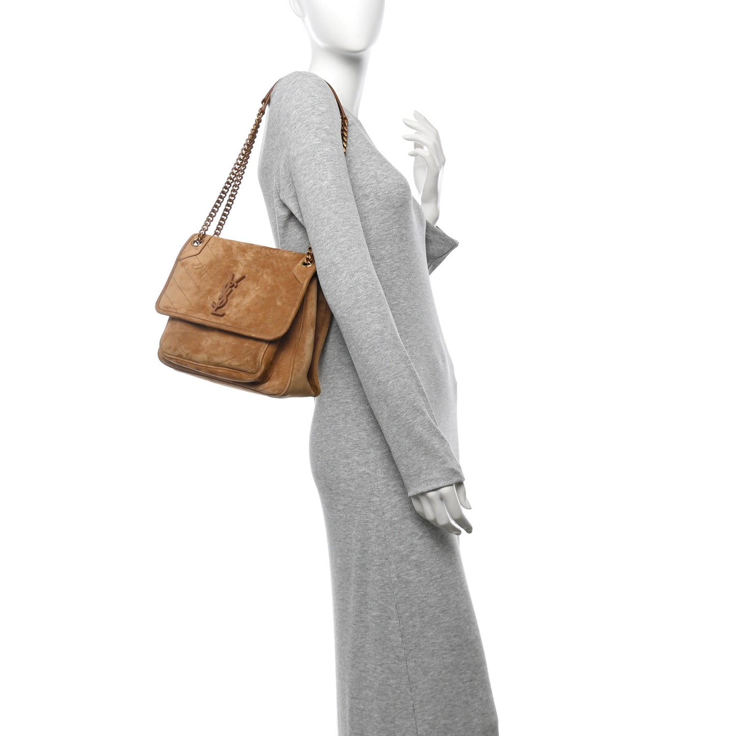 Suede Monogram Medium Niki Chain Satchel Cinnamon