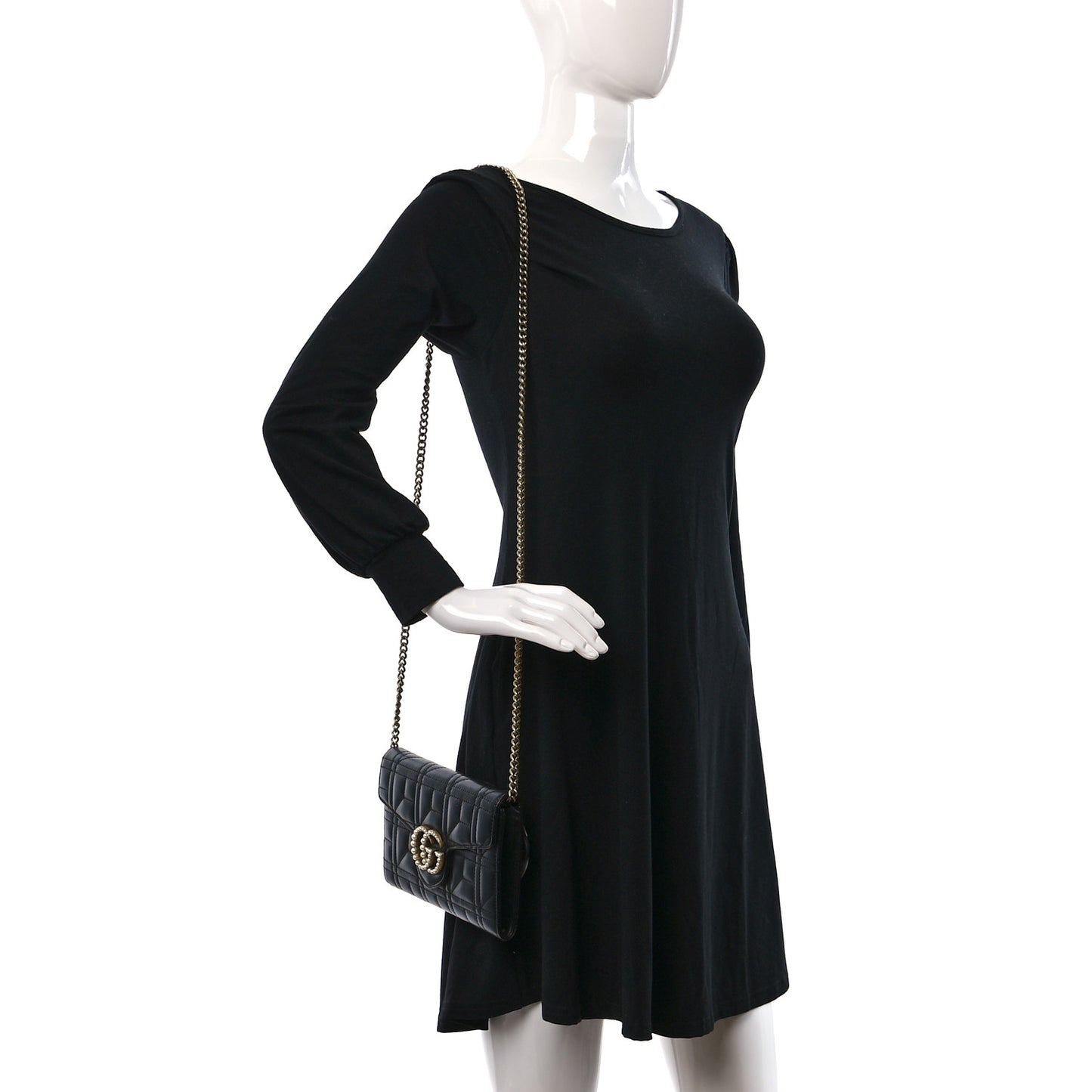 Calfskin Matelasse Mini Pearly GG Marmont Chain Wallet Black