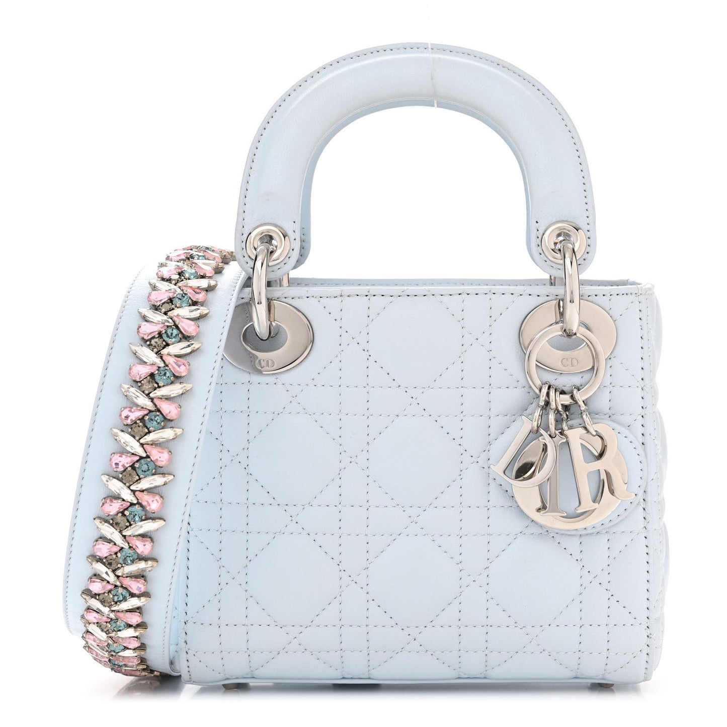 Lambskin Cannage Mini Lady Dior Crystal Strap Light Blue