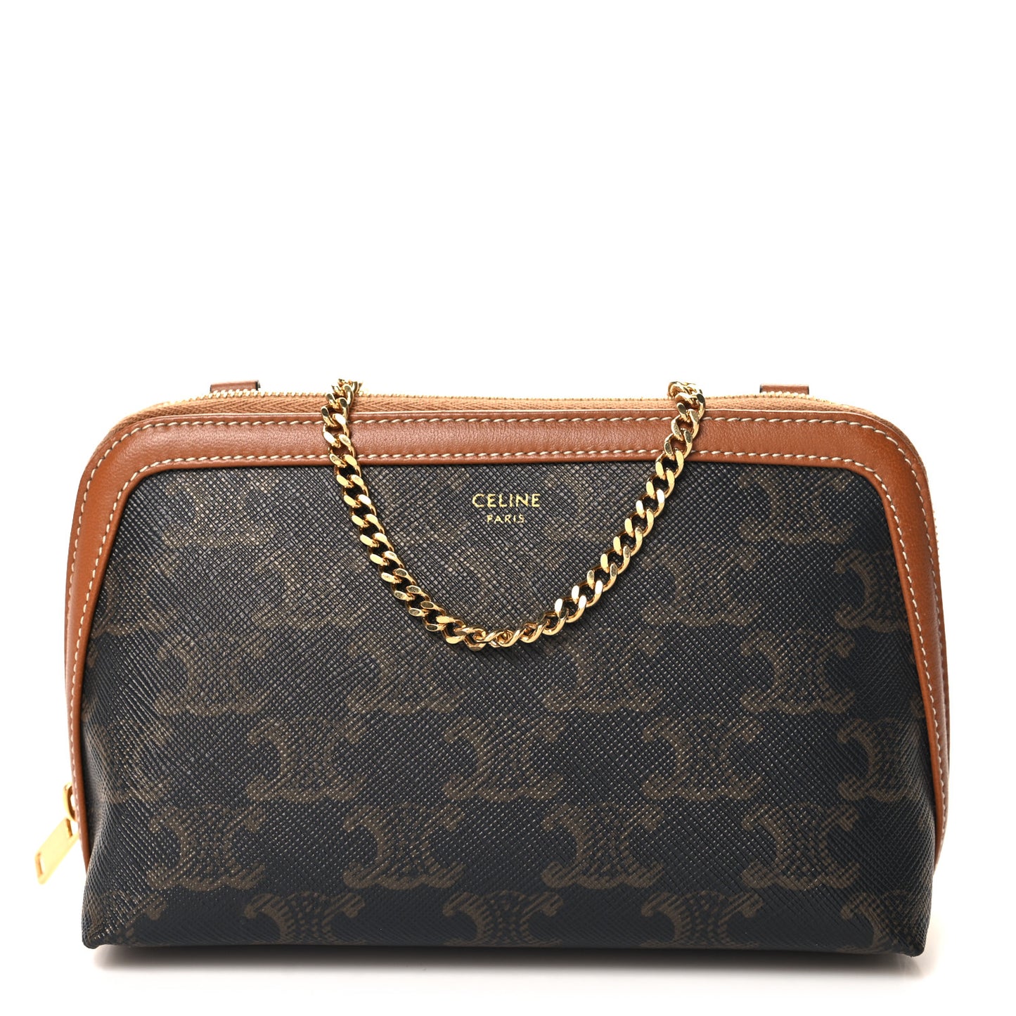 Triomphe Canvas Calfskin Mini Clutch on Chain Tan