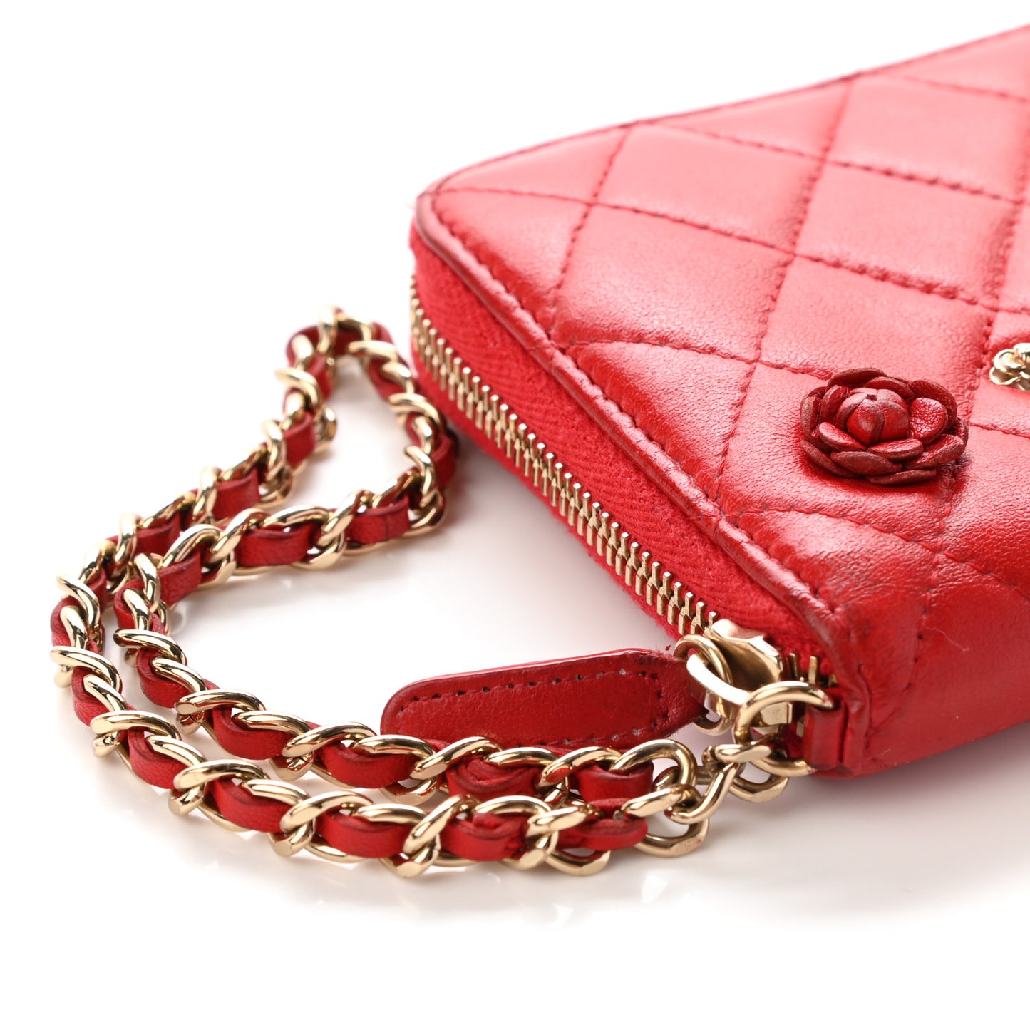Lambskin Quilted Camellia Zip Around Wristlet Wallet Red