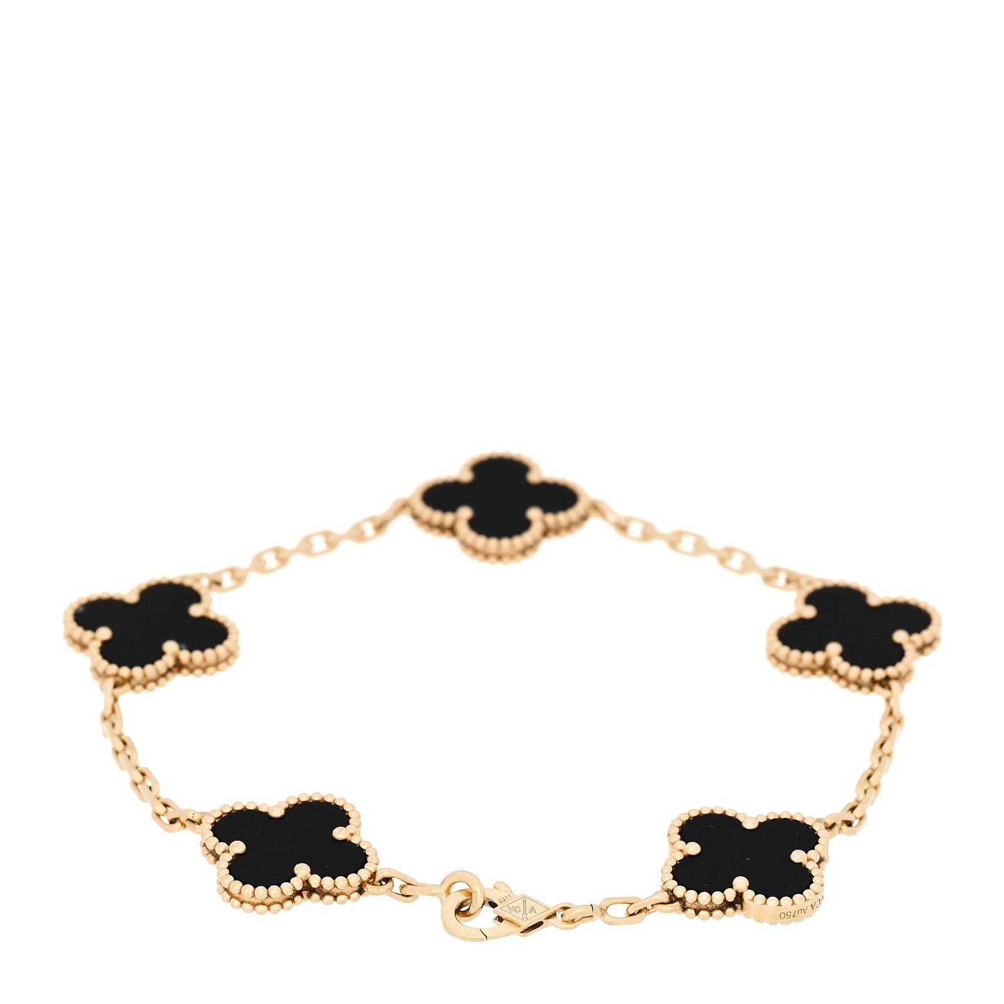 18K Yellow Gold Black Onyx 5 Motifs Vintage Alhambra Bracelet
