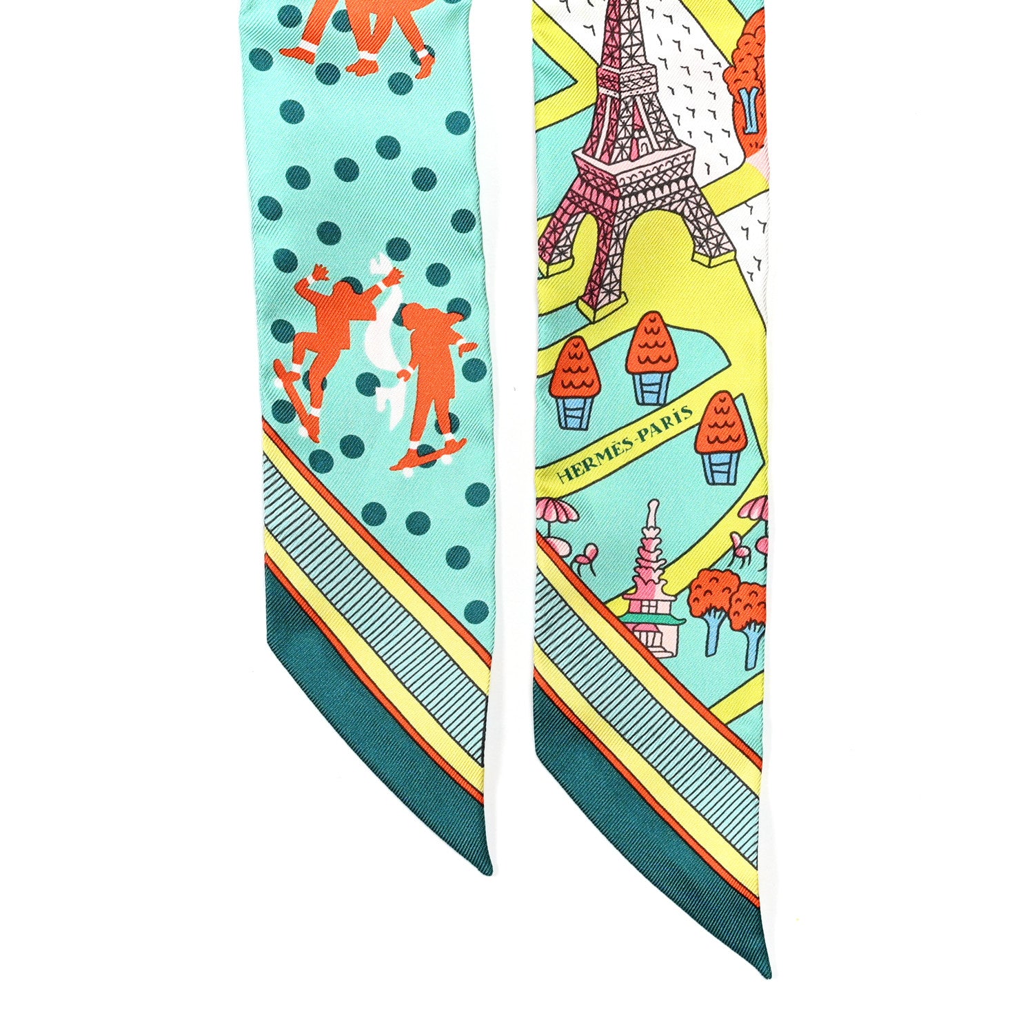 Hermes Silk Les Nouveaux Amoureux de Paris Twilly Vert D'eau Jaune Fluo Orange 2 of 4