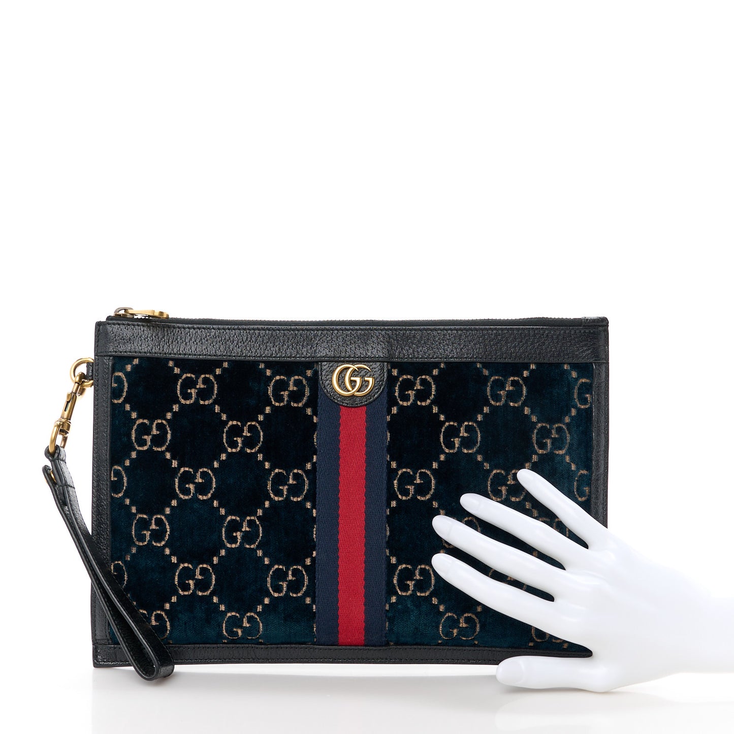 Velvet GG Monogram Textured Calfskin Web Ophidia Wristlet Blue Beige Black