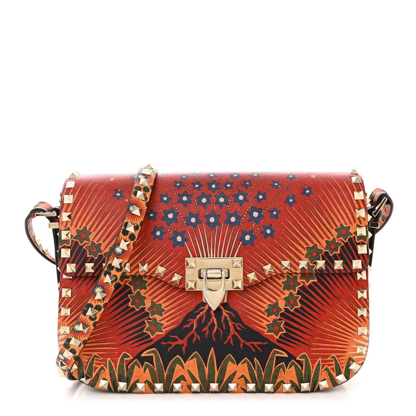 Vitello Enchanted Wonderland Medium Rockstud Flap Saddle Bag Rosso Valentino