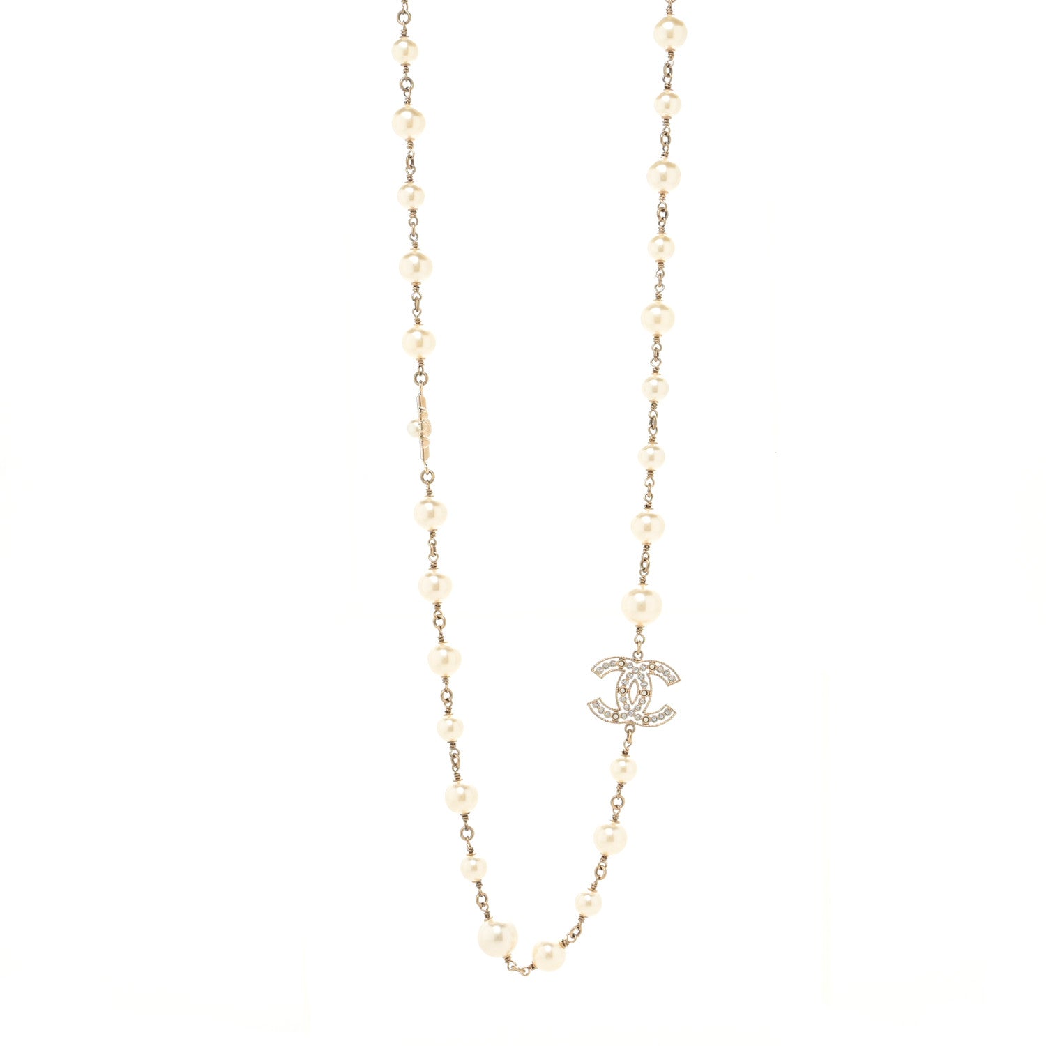 Chanel Graduated Pearl Crystal CC Necklace Gold 1 of 3