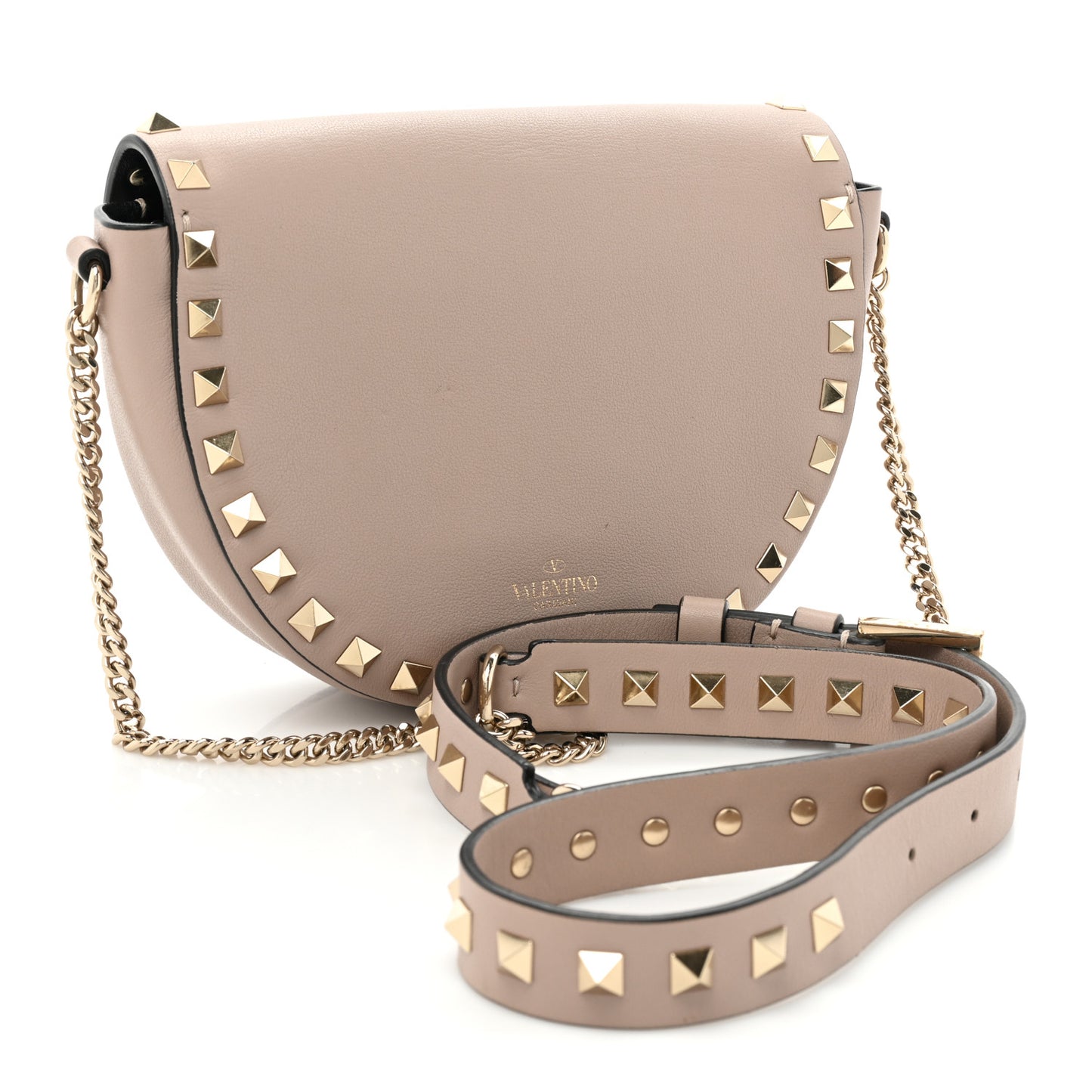 Vitello Rockstud Flip Lock Flap Saddle Crossbody Bag Poudre