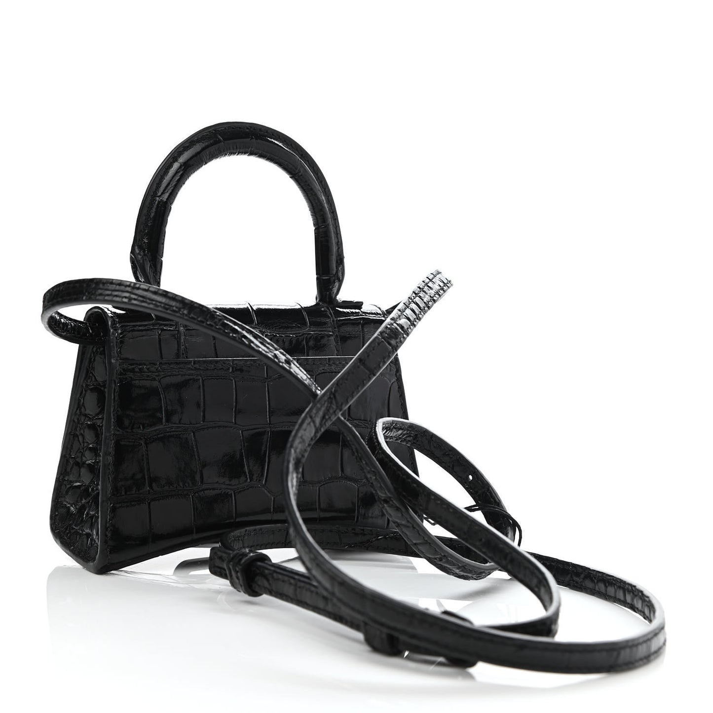 Shiny Calfskin Monochrome Crocodile Embossed Hourglass Top Handle Bag Mini Black