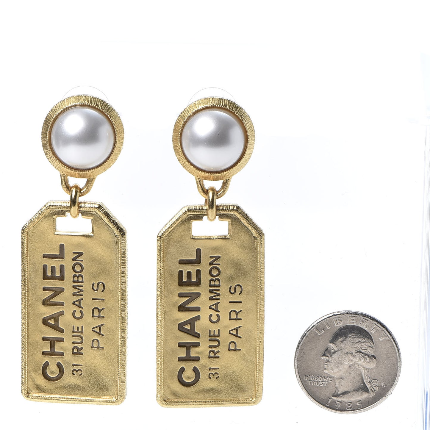 Pearl CC Tags Drop Earrings Gold