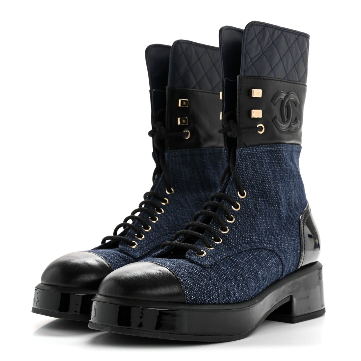 Denim Patent Lambskin Quilted CC Lace Up Combat Boots 38 Blue Black