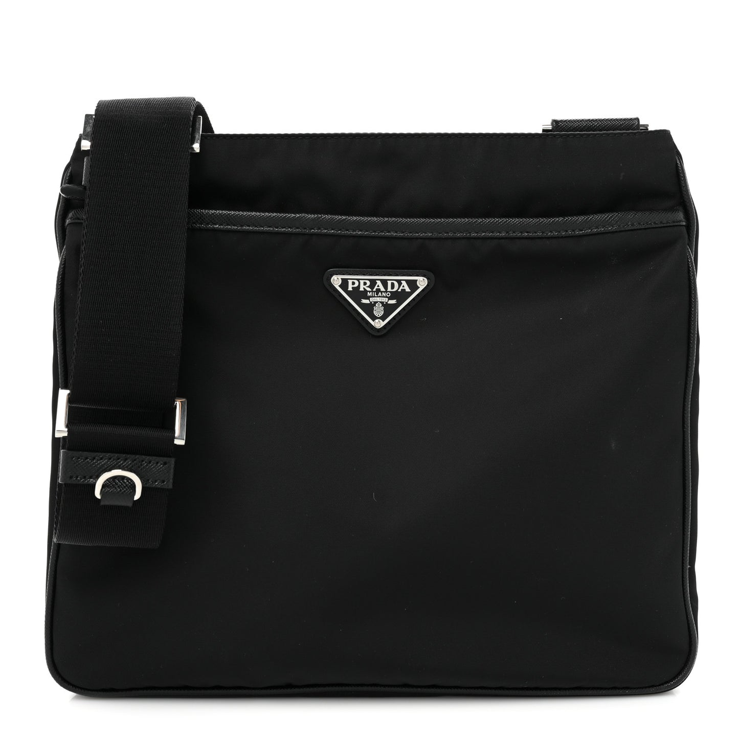 Re-Nylon Saffiano Pocket Flat Messenger Bag Black
