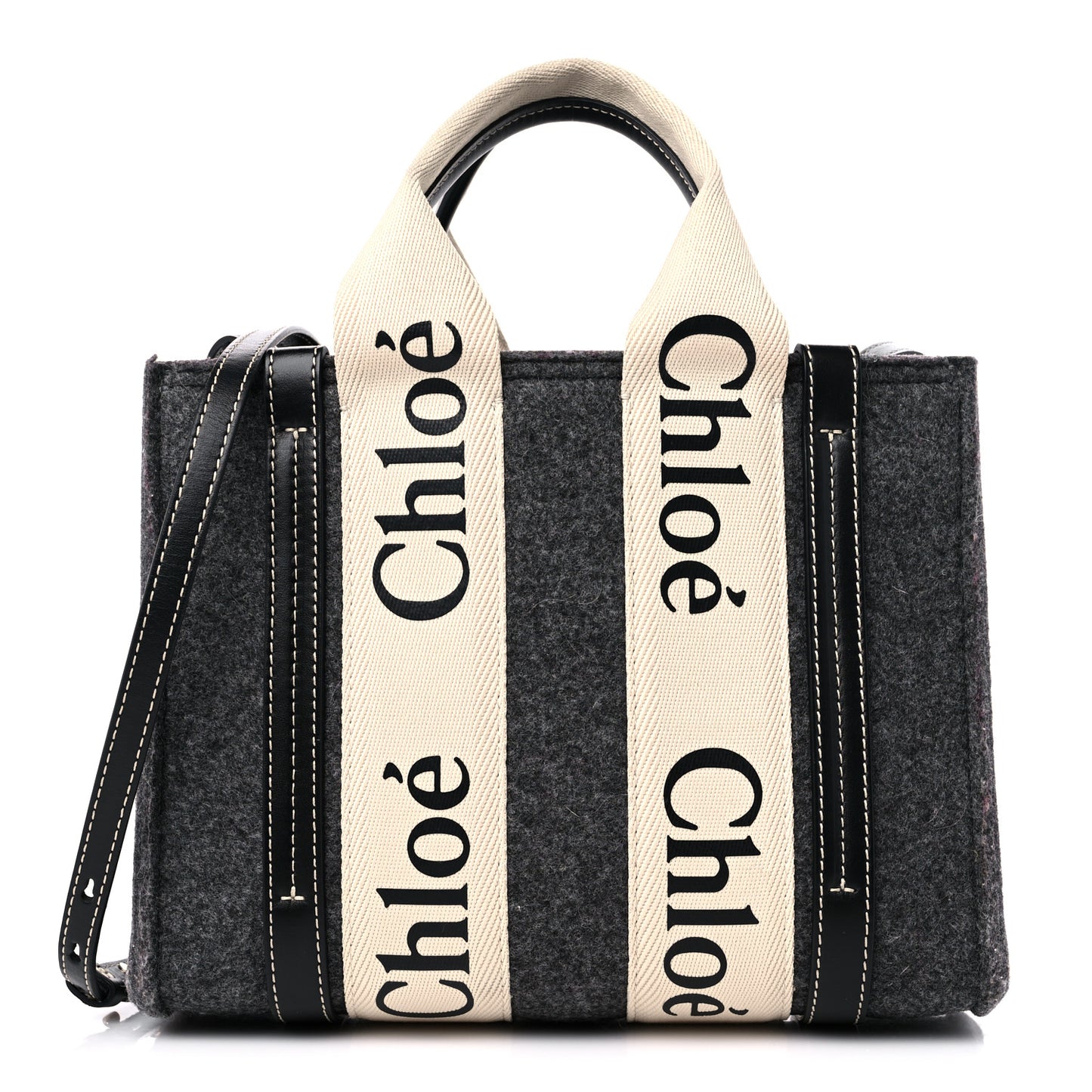Felt Calfskin Small Woody Ribbon Tote With Strap Cashmere Grey