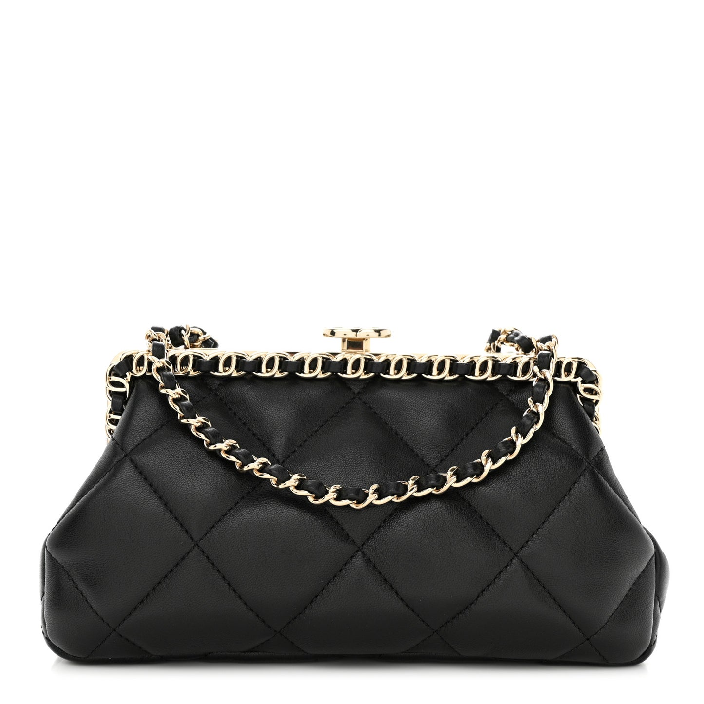 Lambskin Quilted CC Kisslock Clutch Black