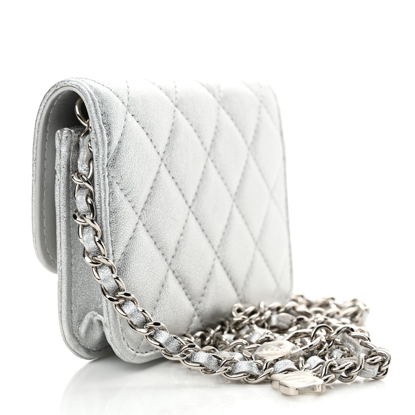 Metallic Lambskin Crystal Quilted Star Chain Belt Bag Silver