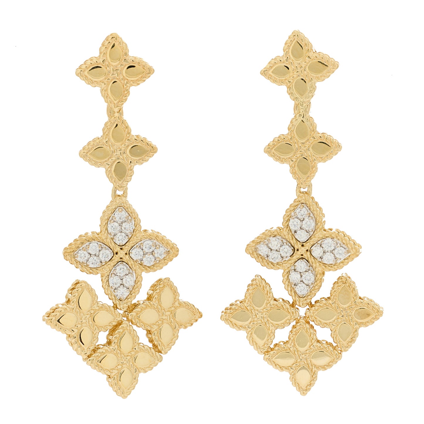 18K Yellow White Gold Diamond Princess Flower Drop Clip On Earrings