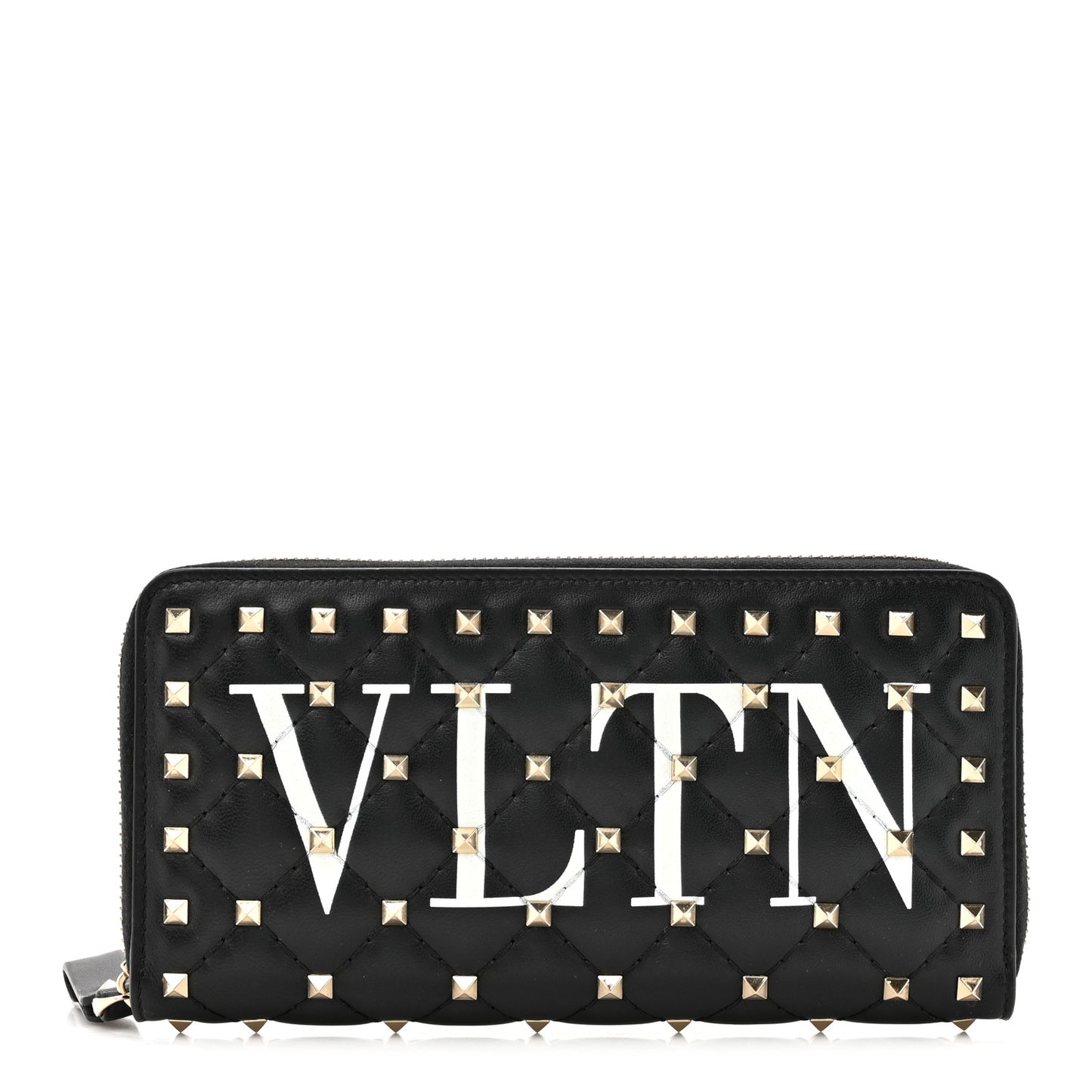 Lambskin Rockstud Spike VLTN Zip Around Wallet Black