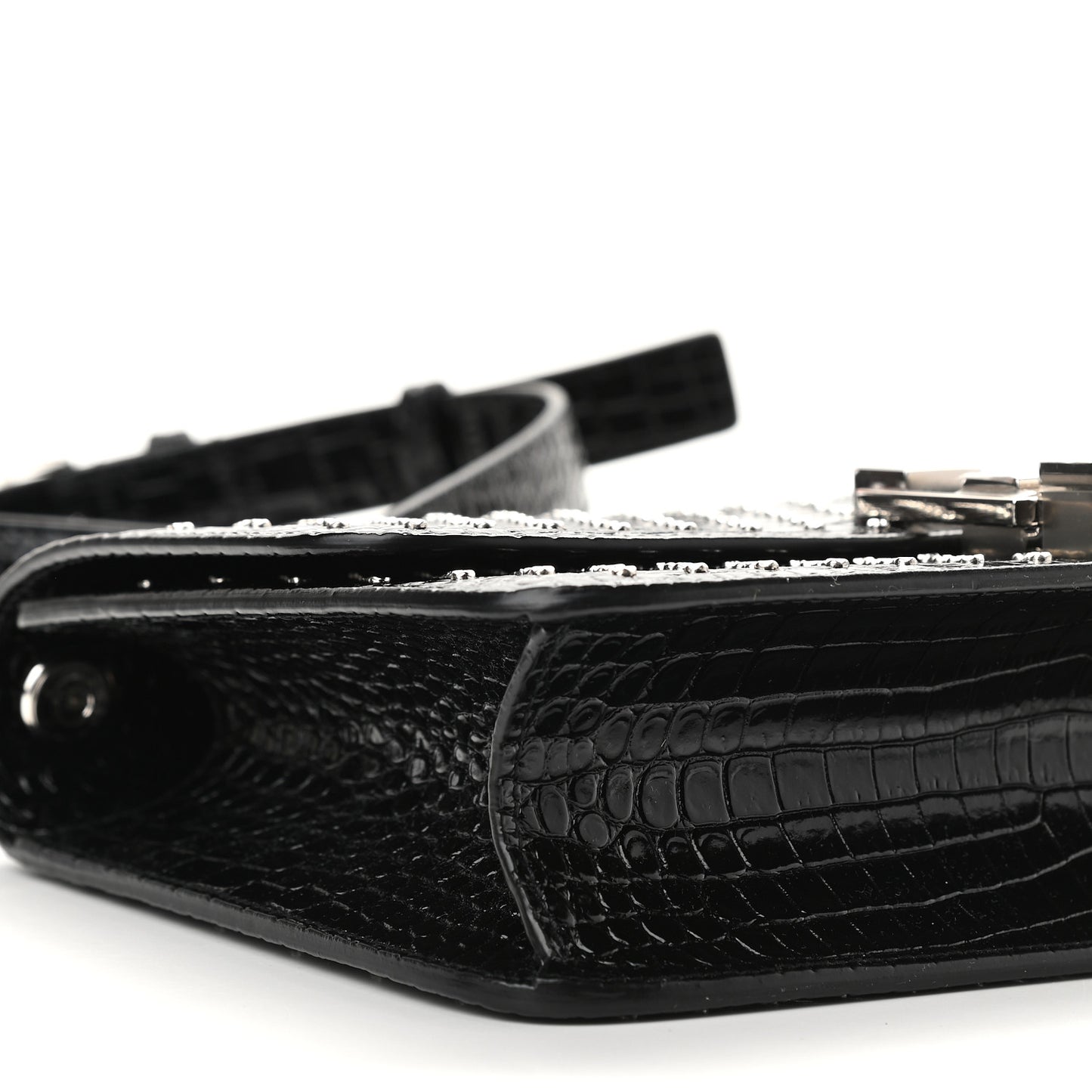 Crocodile Embossed Calfskin Crystal Embellished Carre Satchel Black