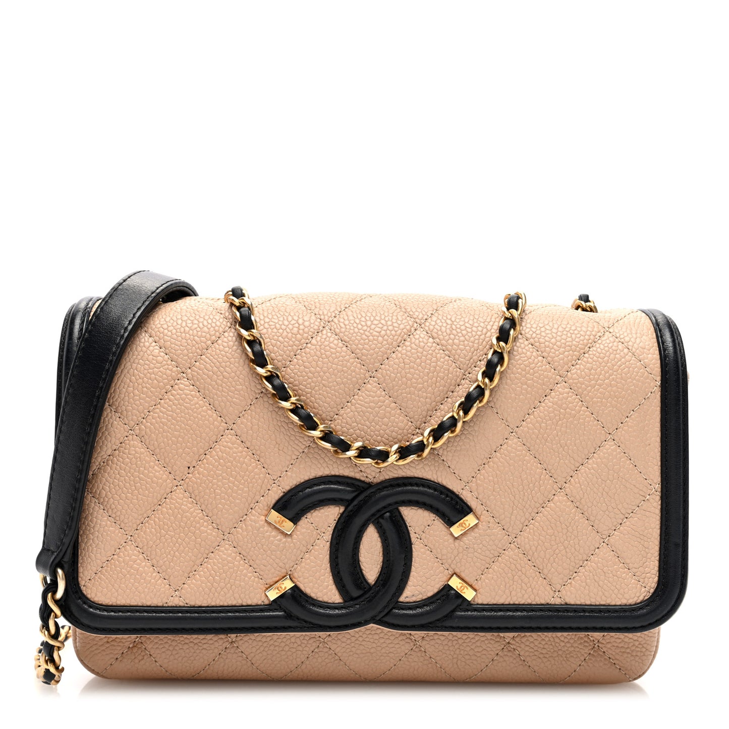 Caviar Quilted Small CC Filigree Flap Beige Black