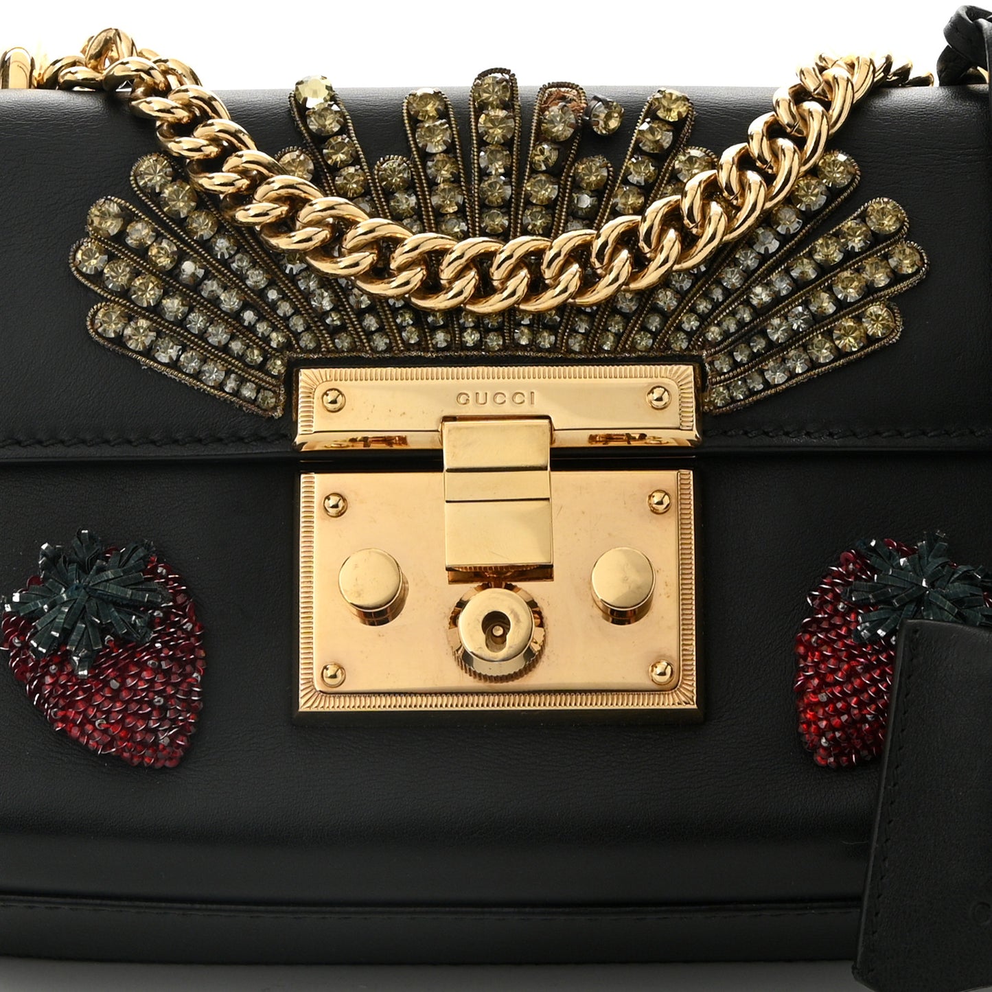 Calfskin Strawberry Embroidered Small Padlock Shoulder Bag Black