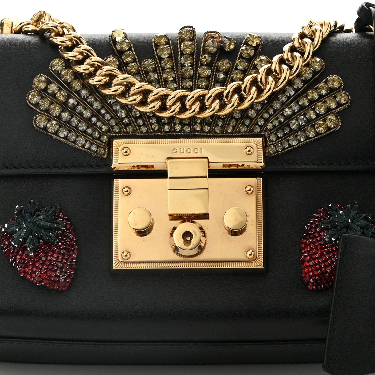 Gucci Calfskin Strawberry Embroidered Small Padlock Shoulder Bag Black 8 of 11