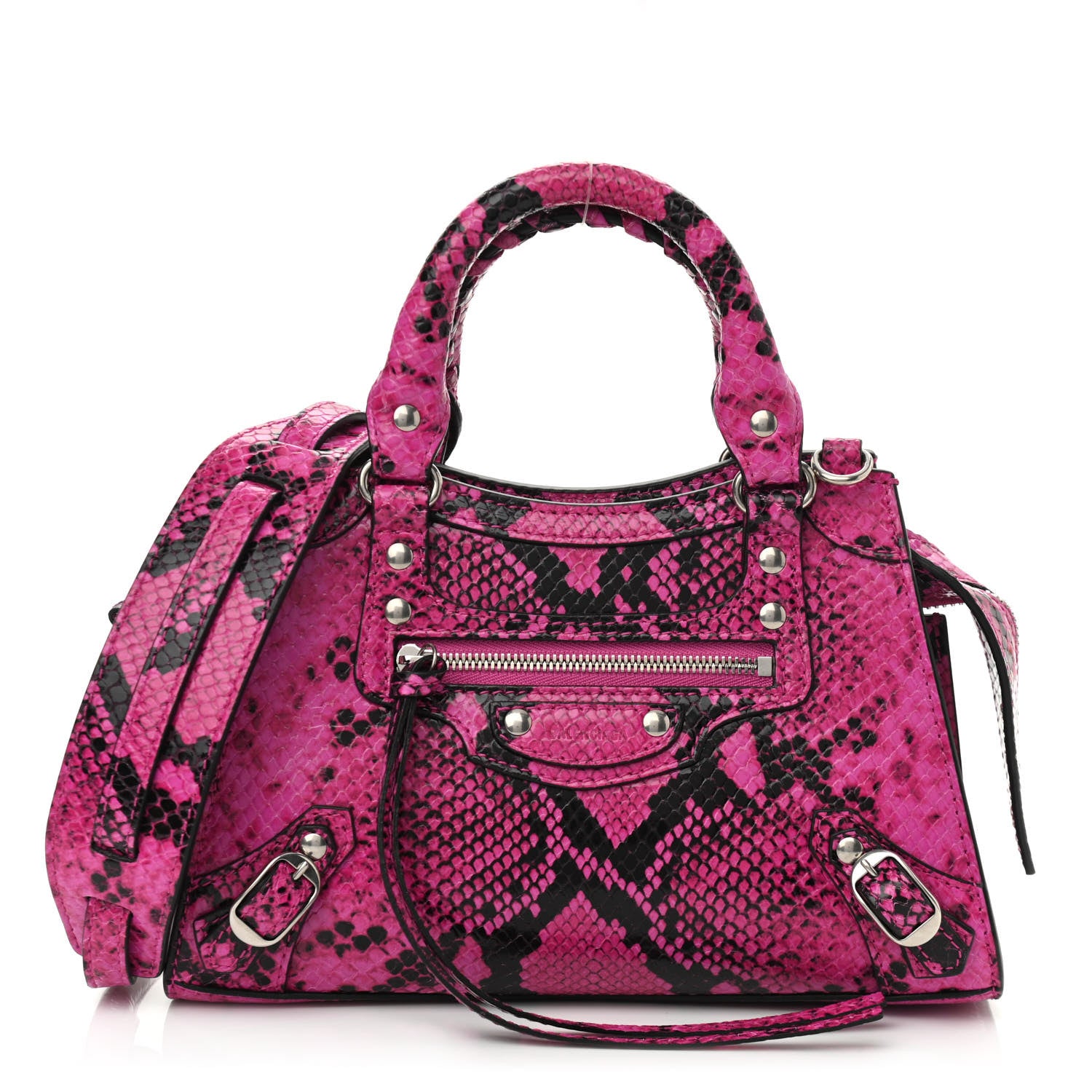 Balenciaga Calfskin Python Effect Neo Classic Silver Hardware Mini City Fuchsia Black 1 of 10