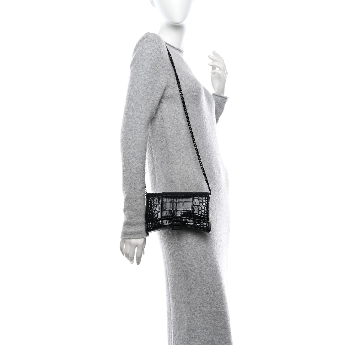 Shiny Calfskin Monochrome Crocodile Embossed Hourglass Chain Bag Black
