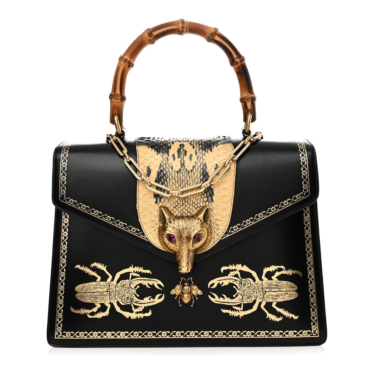 Gucci Glossy Calfskin Snakeskin Beetle Print Large Fox Broche