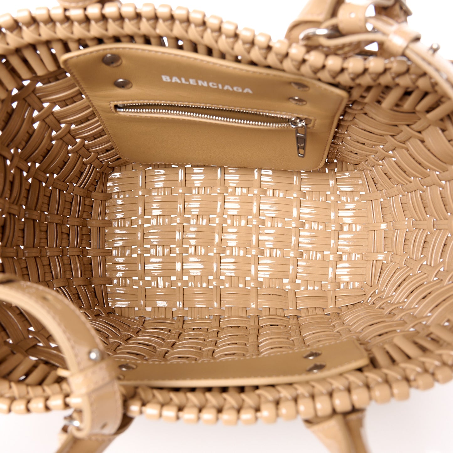 Varnished Faux Calfskin Braided XS Bistro Basket Beige