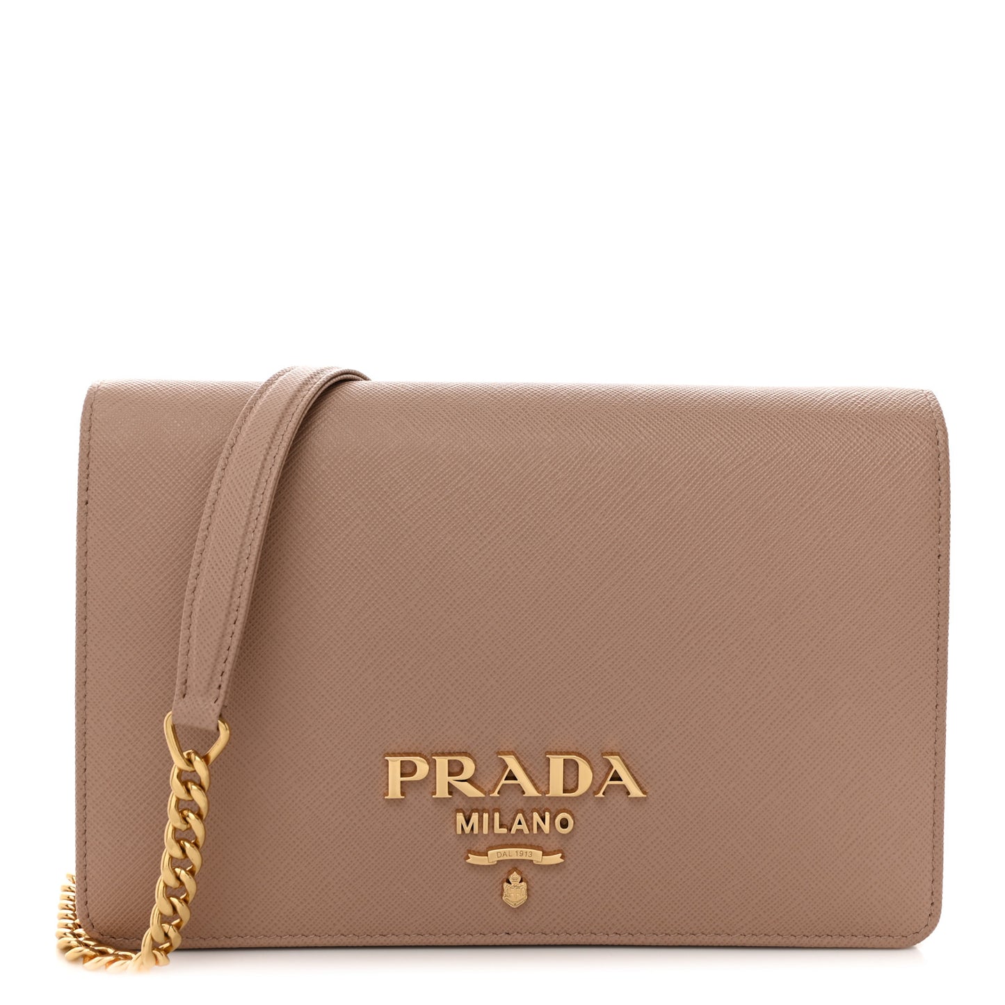 Saffiano Lux Metal Logo Mini Chain Flap Crossbody Bag Cipria