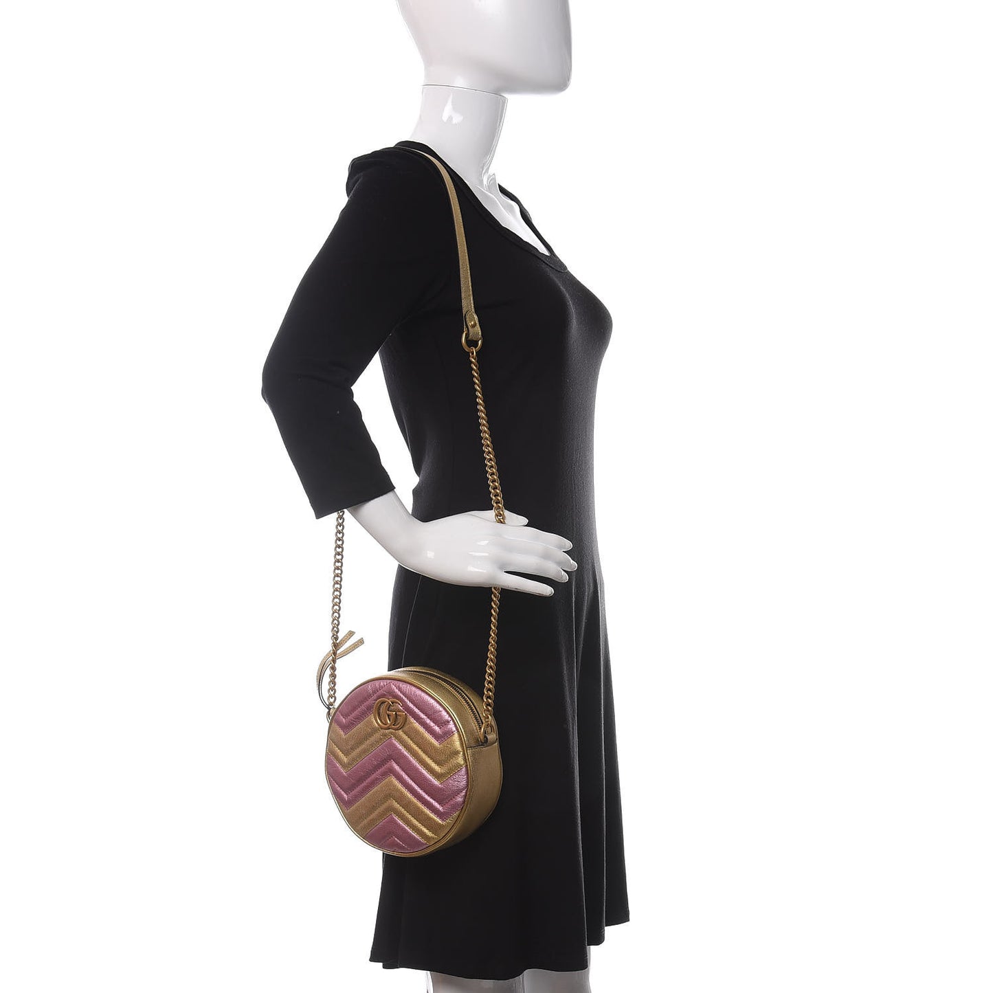 Metallic Calfskin Matelasse Mini GG Marmont Round Shoulder Bag Gold Pink