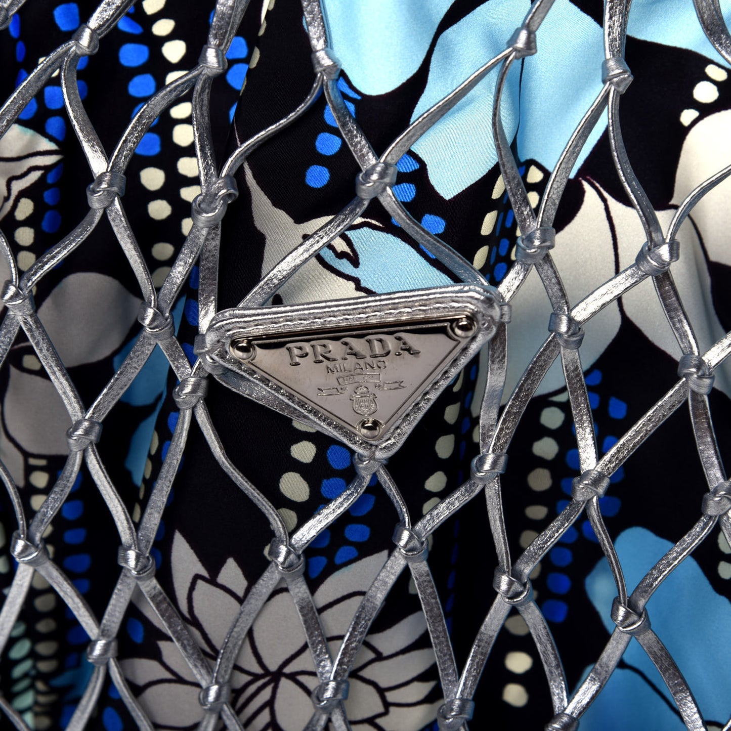 Nylon Floral Print Net Tote Silver Blue