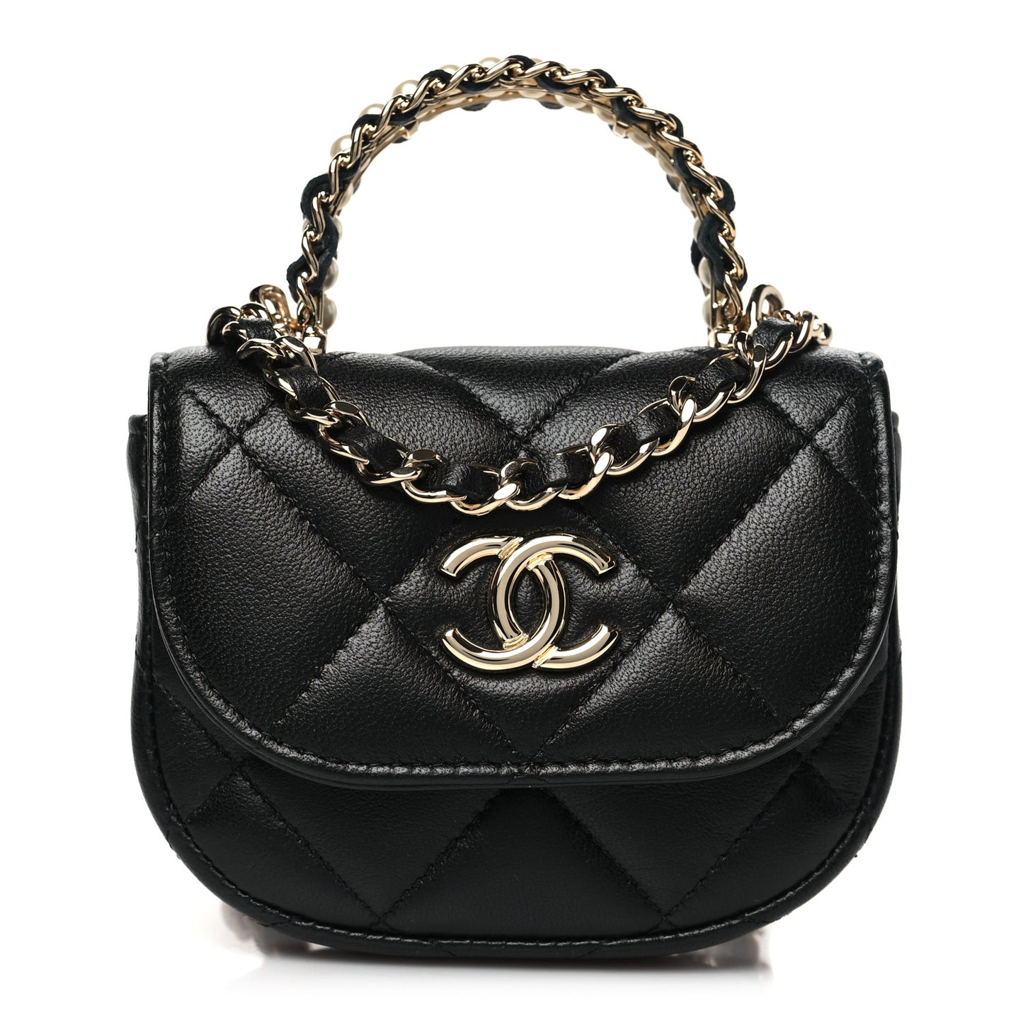 Lambskin Quilted Pearl Top Handle Clutch With Chain Black