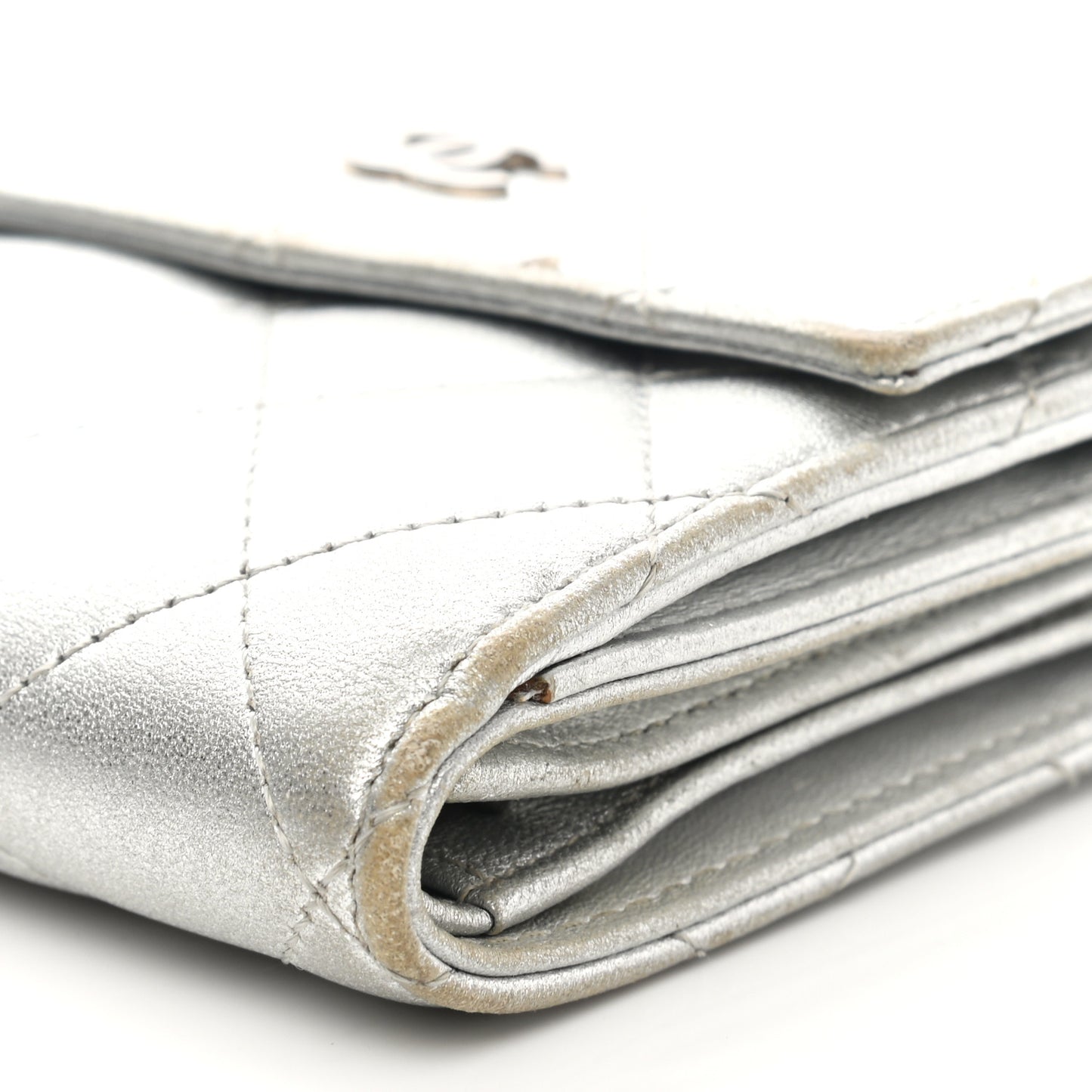 Metallic Lambskin Quilted Compact French Flap Wallet Silver