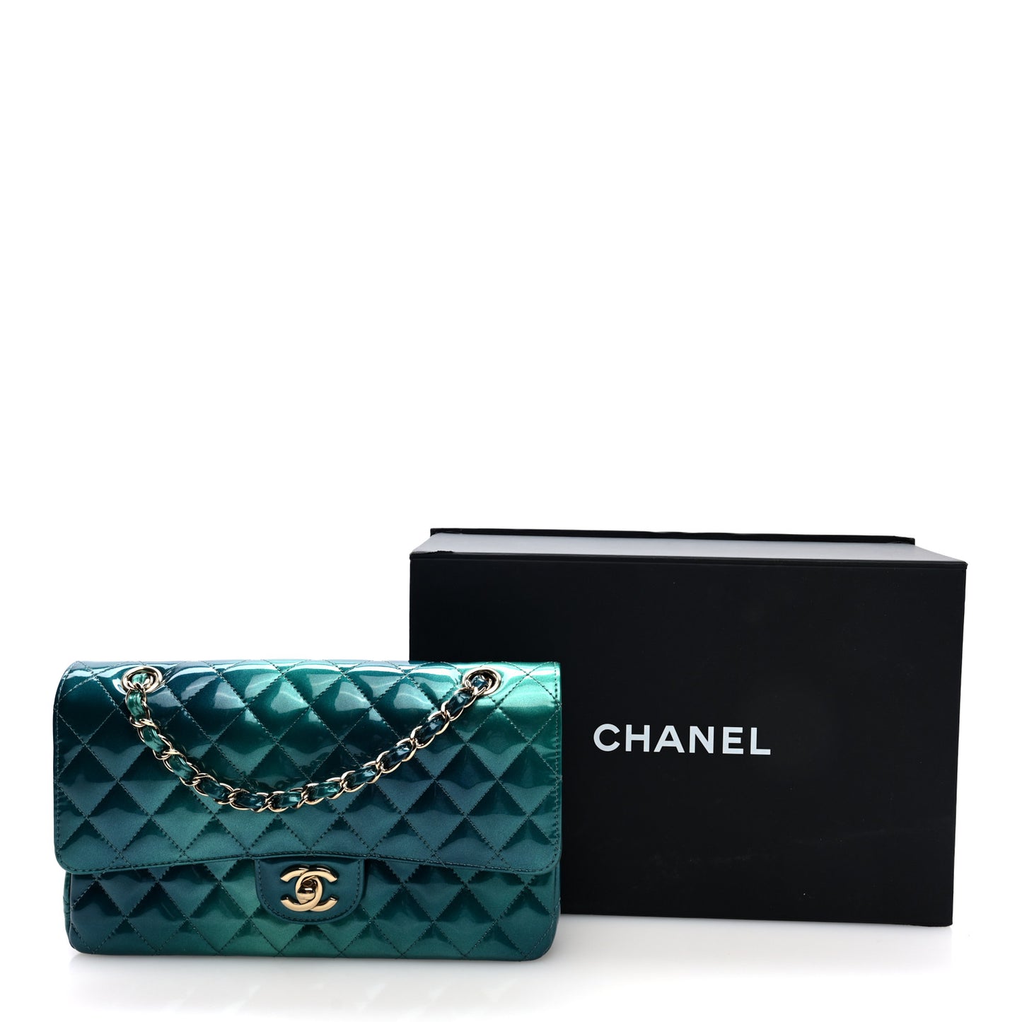 Shaded Patent Calfskin Quilted Medium Double Flap Green Blue