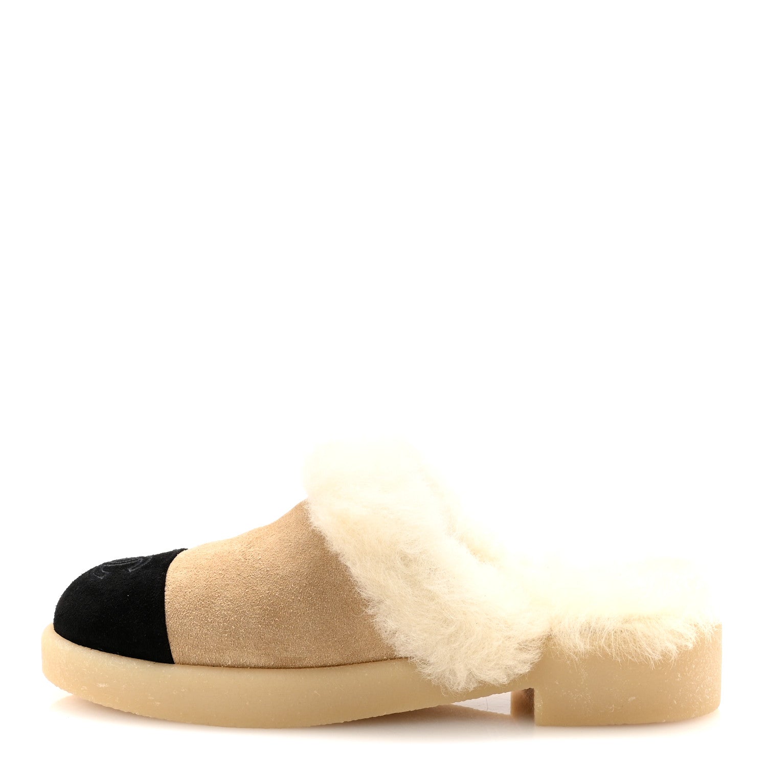 Chanel Suede Shearling CC Cap Toe Mules 36 Beige Black 1801083