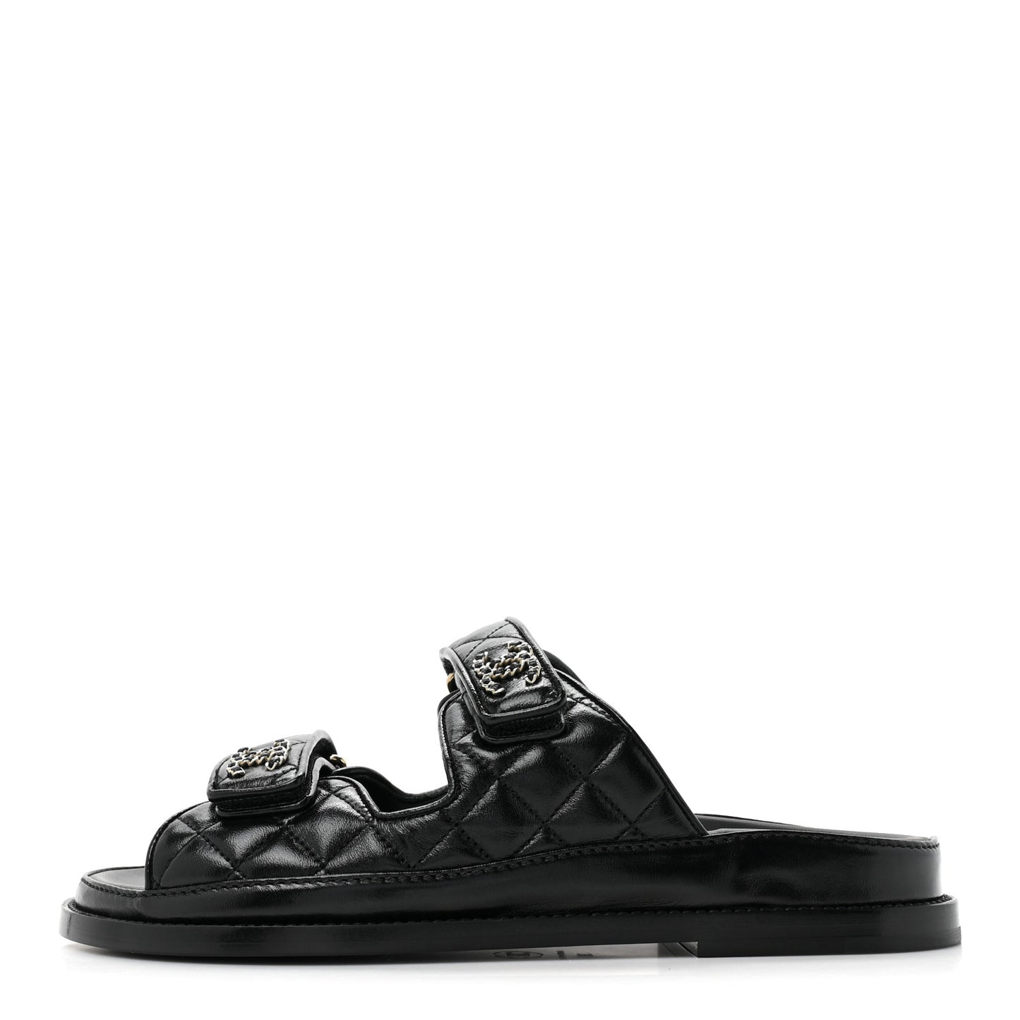 Lambskin Quilted Velcro Dad Chain CC Slide Sandals 38 Black