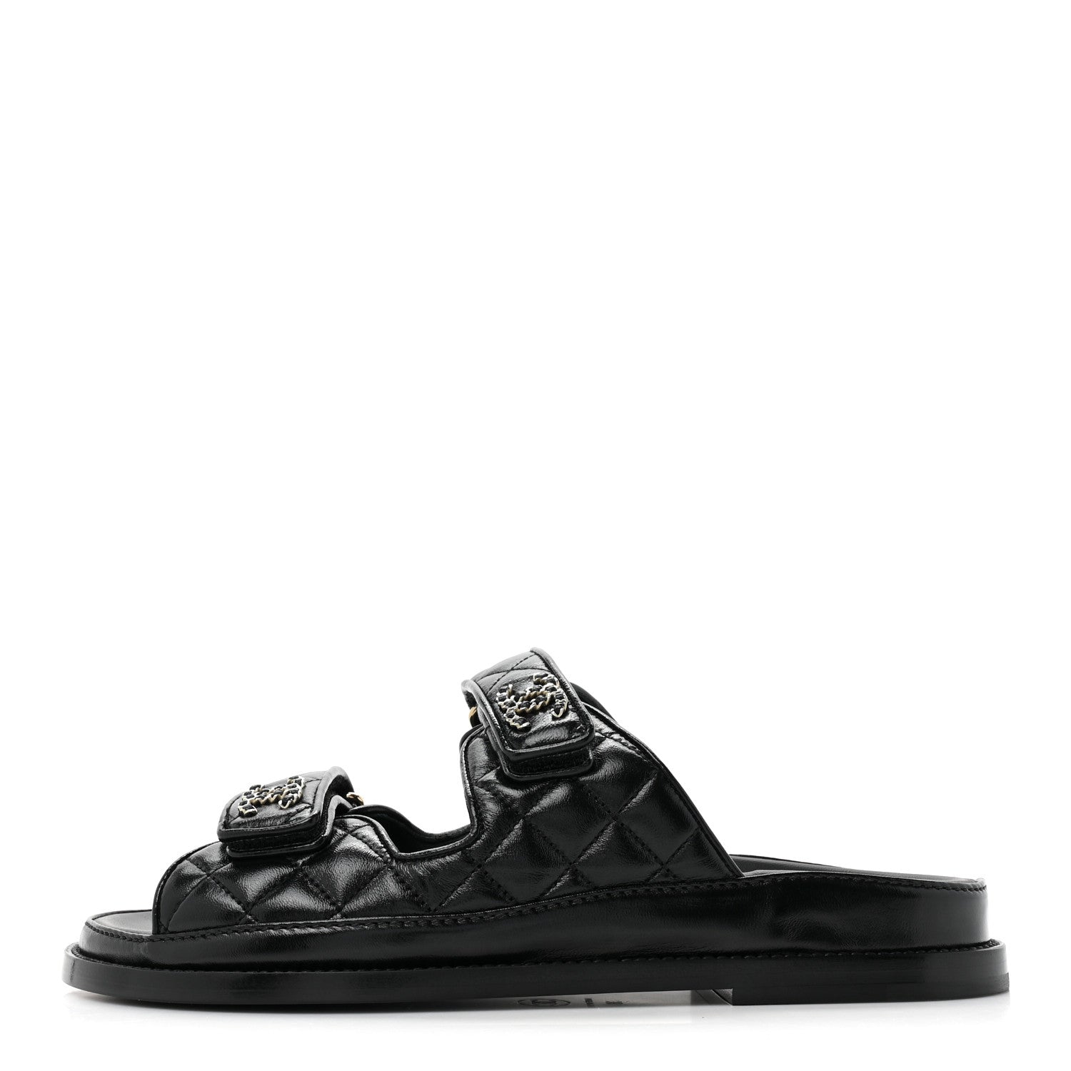 Chanel Lambskin Quilted Velcro Dad Chain CC Slide Sandals 38 Black 1 of 9