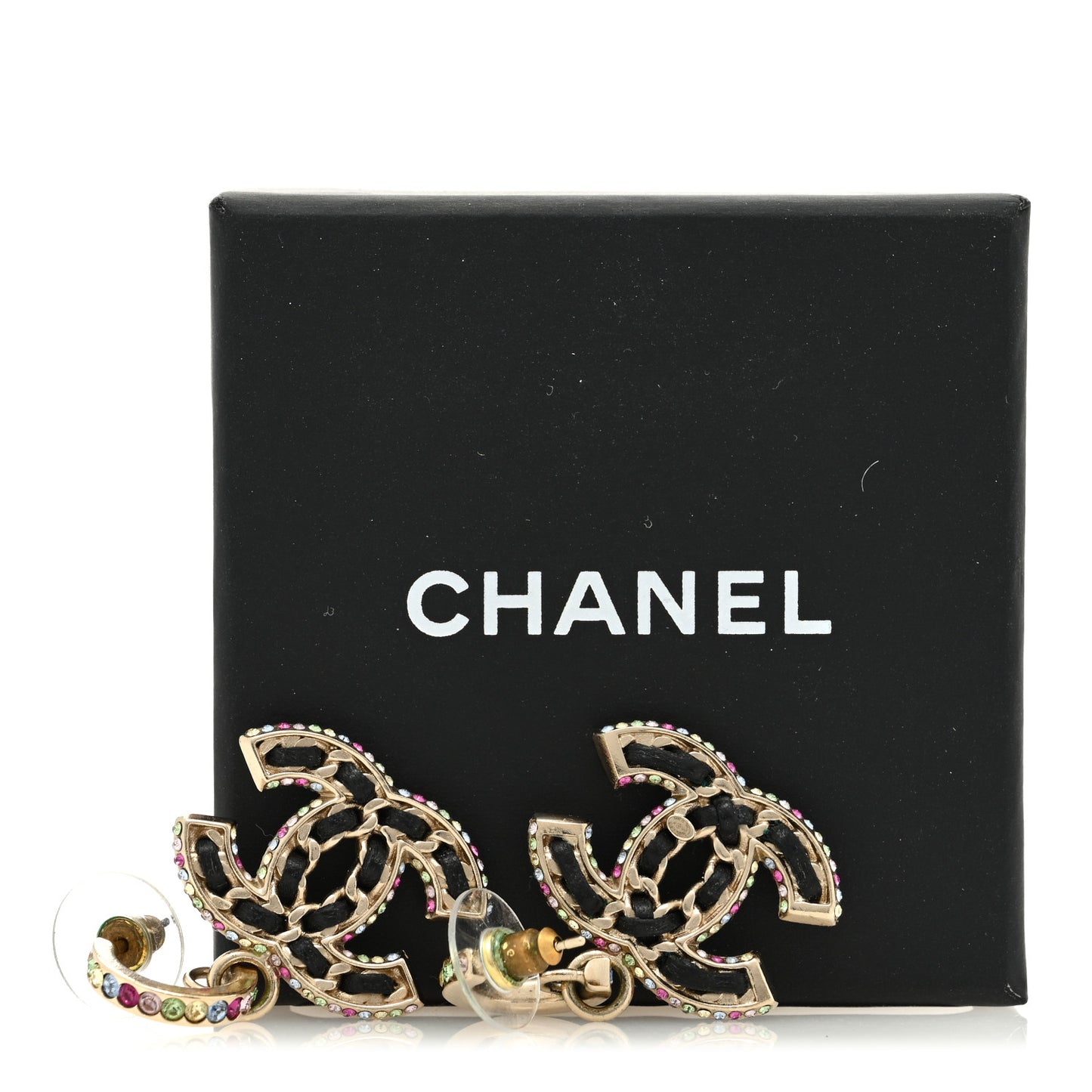 Lambskin Crystal CC Drop Earrings Gold Black Multicolor