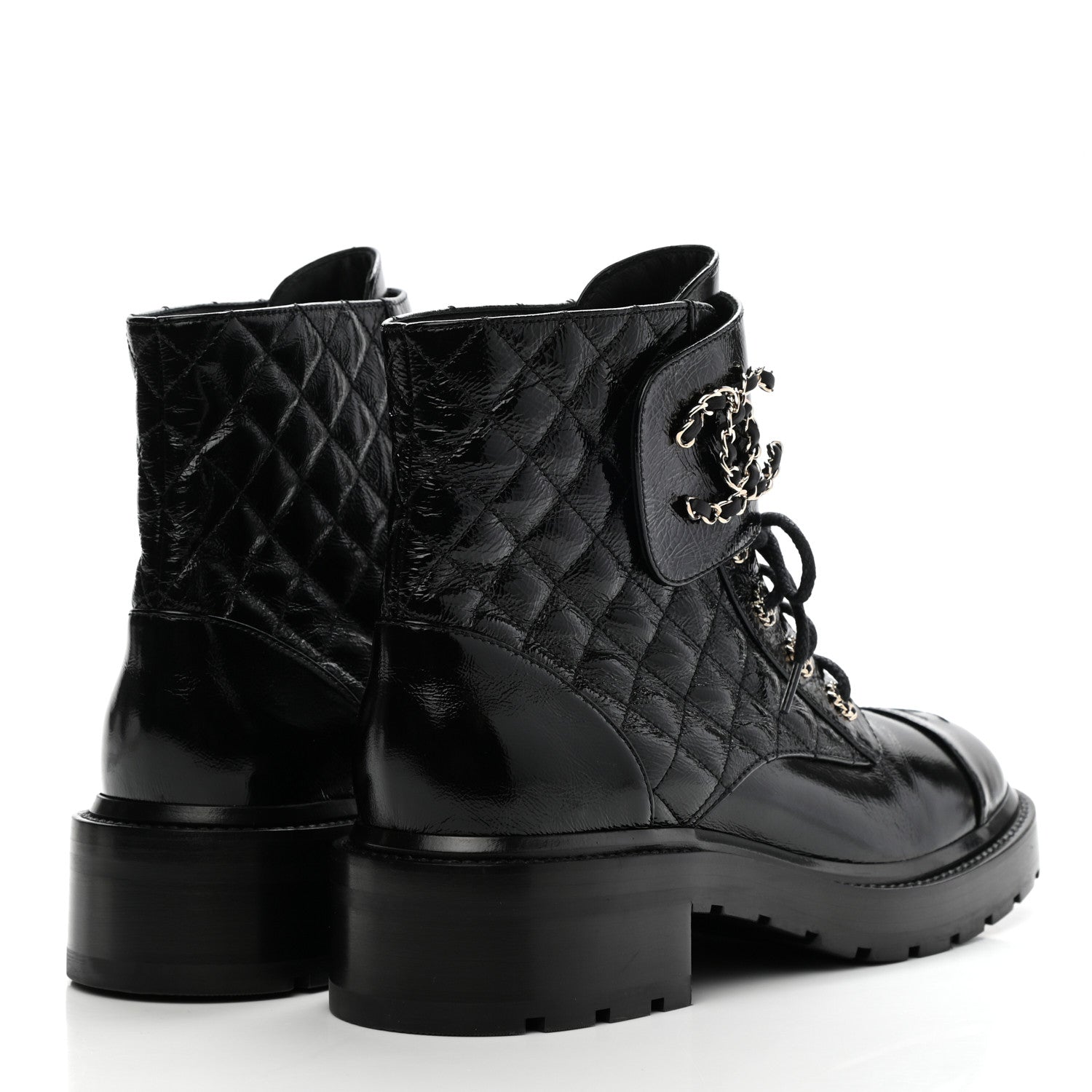 Chanel Shiny Calfskin Quilted Lace Up Combat Boots 40.5 Black 4 of 9